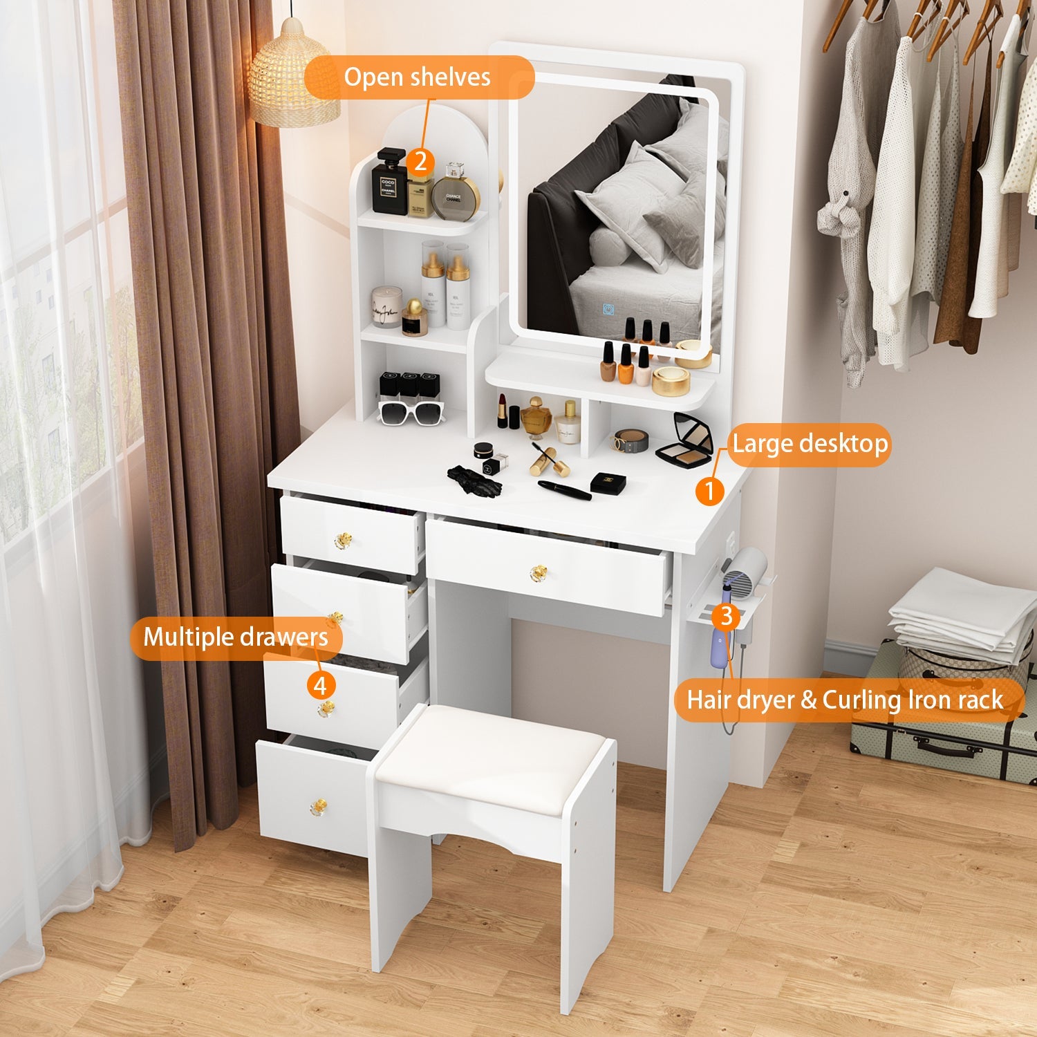 Vanity Set With Stool, Mirror, LED Light and 3-Tier Storage Shelves & 5-Drawer