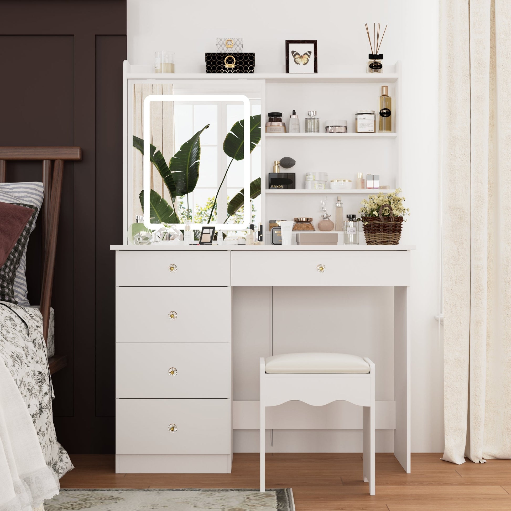 White Vanity Set With 3 Color Touch Screen Dimming Mirror