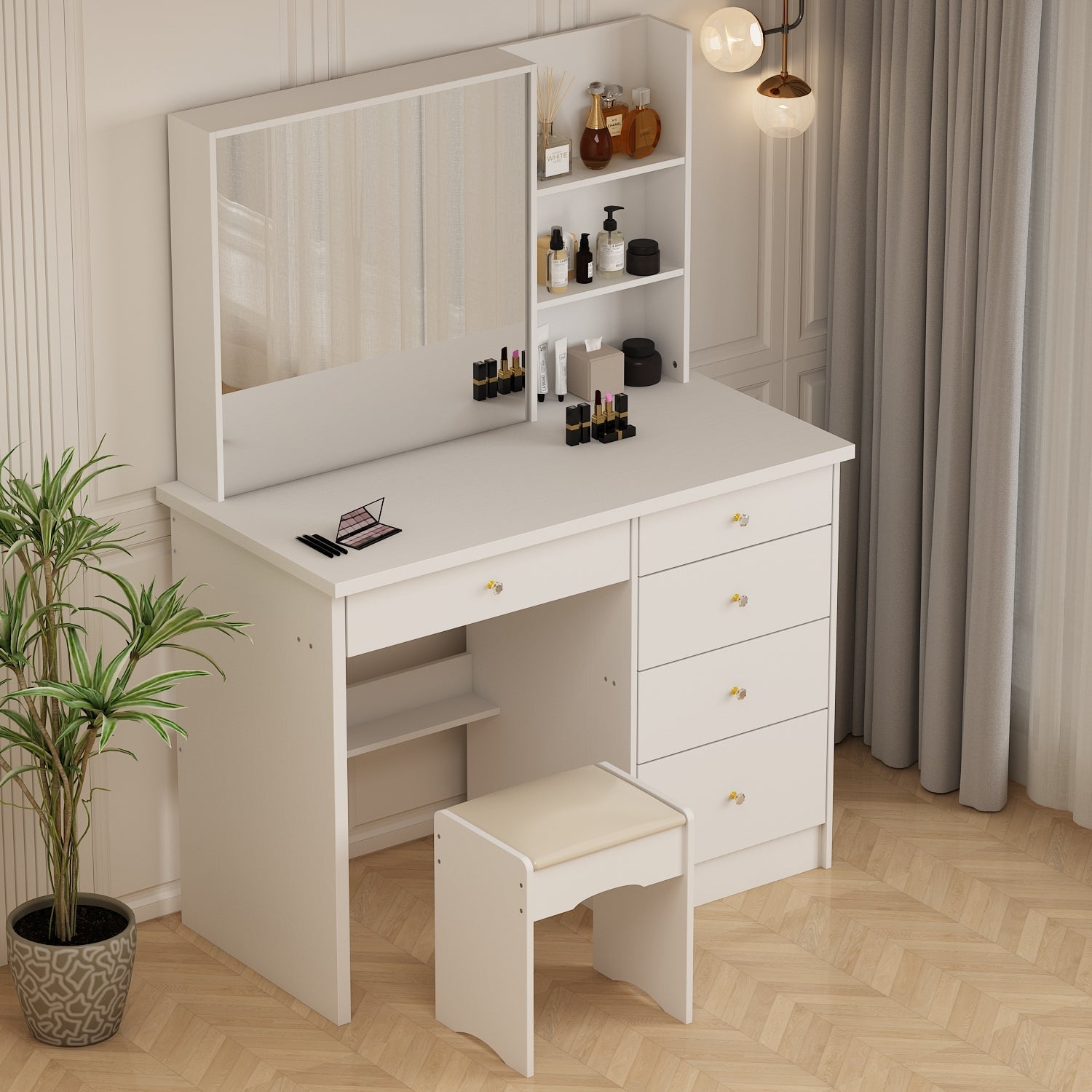 Large Vanity Set Makeup Vanity Dressing Table with Sliding Lighted Mirror 5 Drawers & Shelves