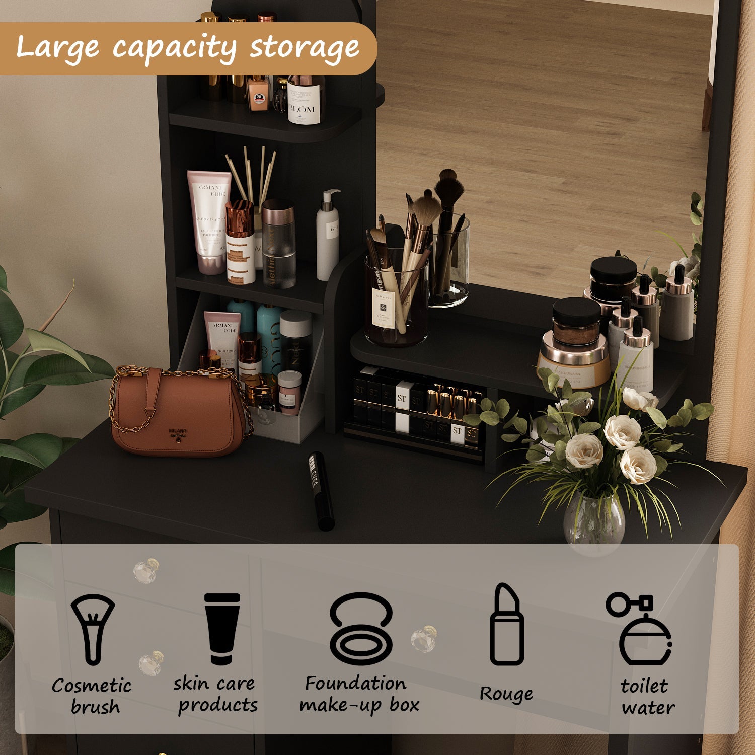 Vanity Set With Stool, Mirror, LED Light and 3-Tier Storage Shelves & 5-Drawer