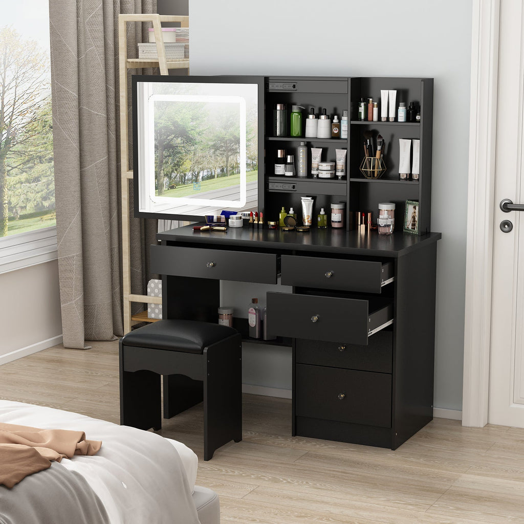 Large Vanity Set Makeup Vanity Dressing Table with Sliding Lighted Mirror 5 Drawers & Shelves