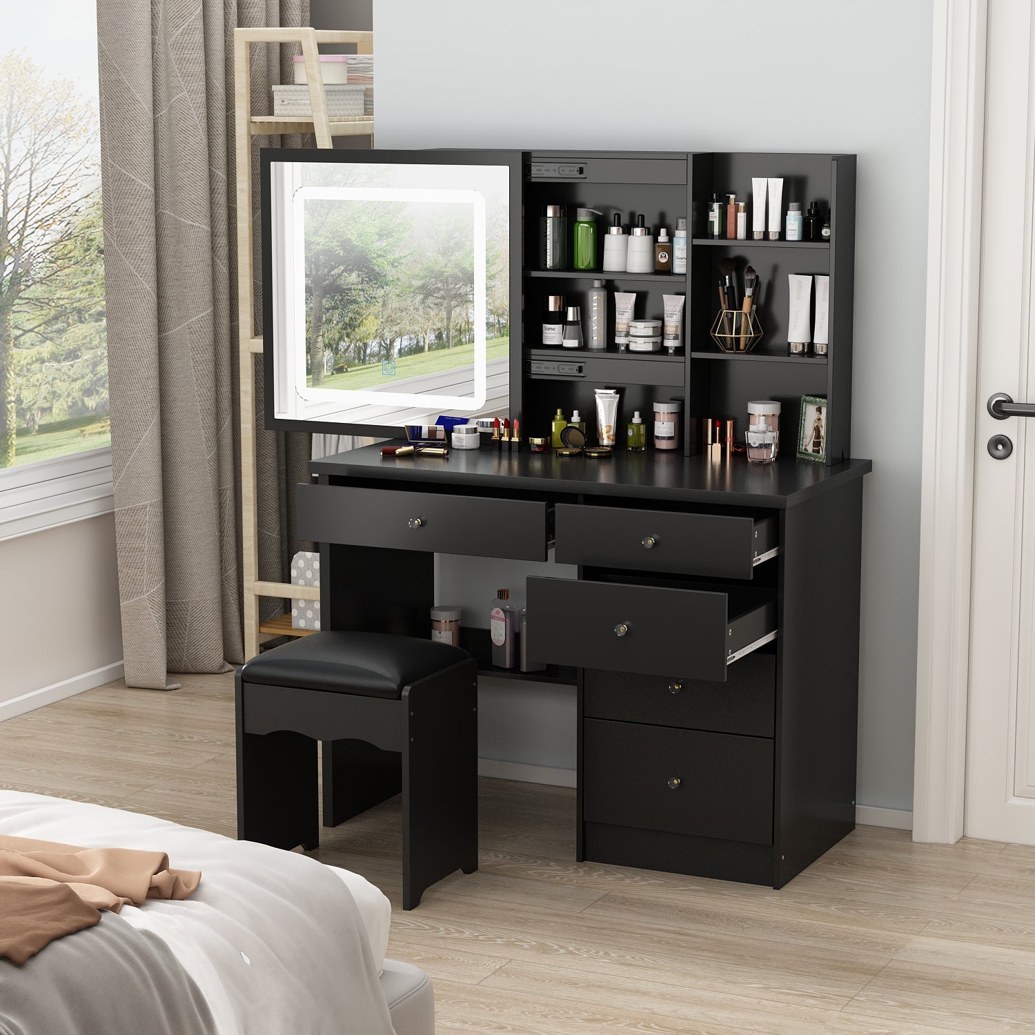 Large Vanity Set Makeup Vanity Dressing Table with Sliding Lighted Mirror 5 Drawers & Shelves