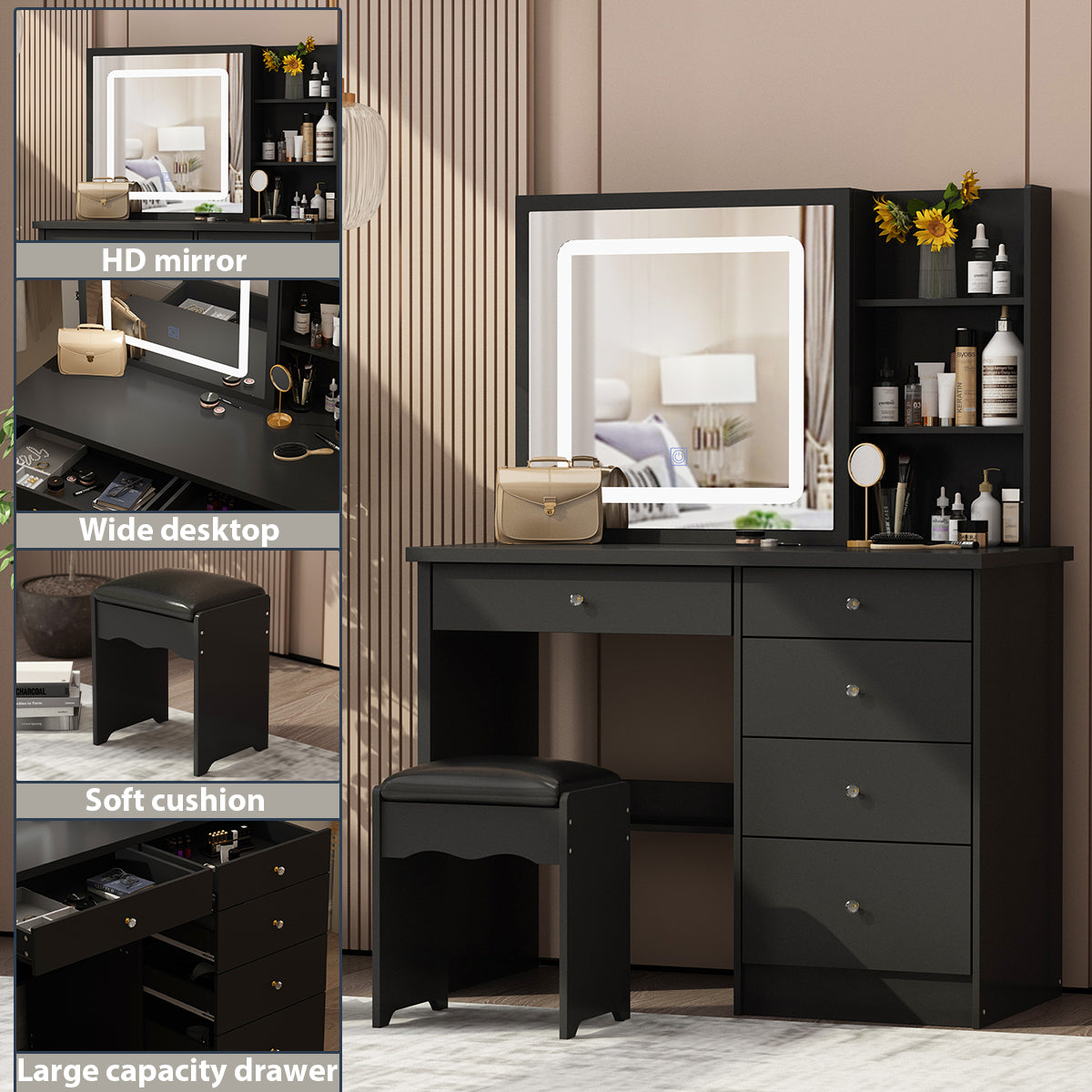 Large Vanity Set Makeup Vanity Dressing Table with Sliding Lighted Mirror 5 Drawers & Shelves