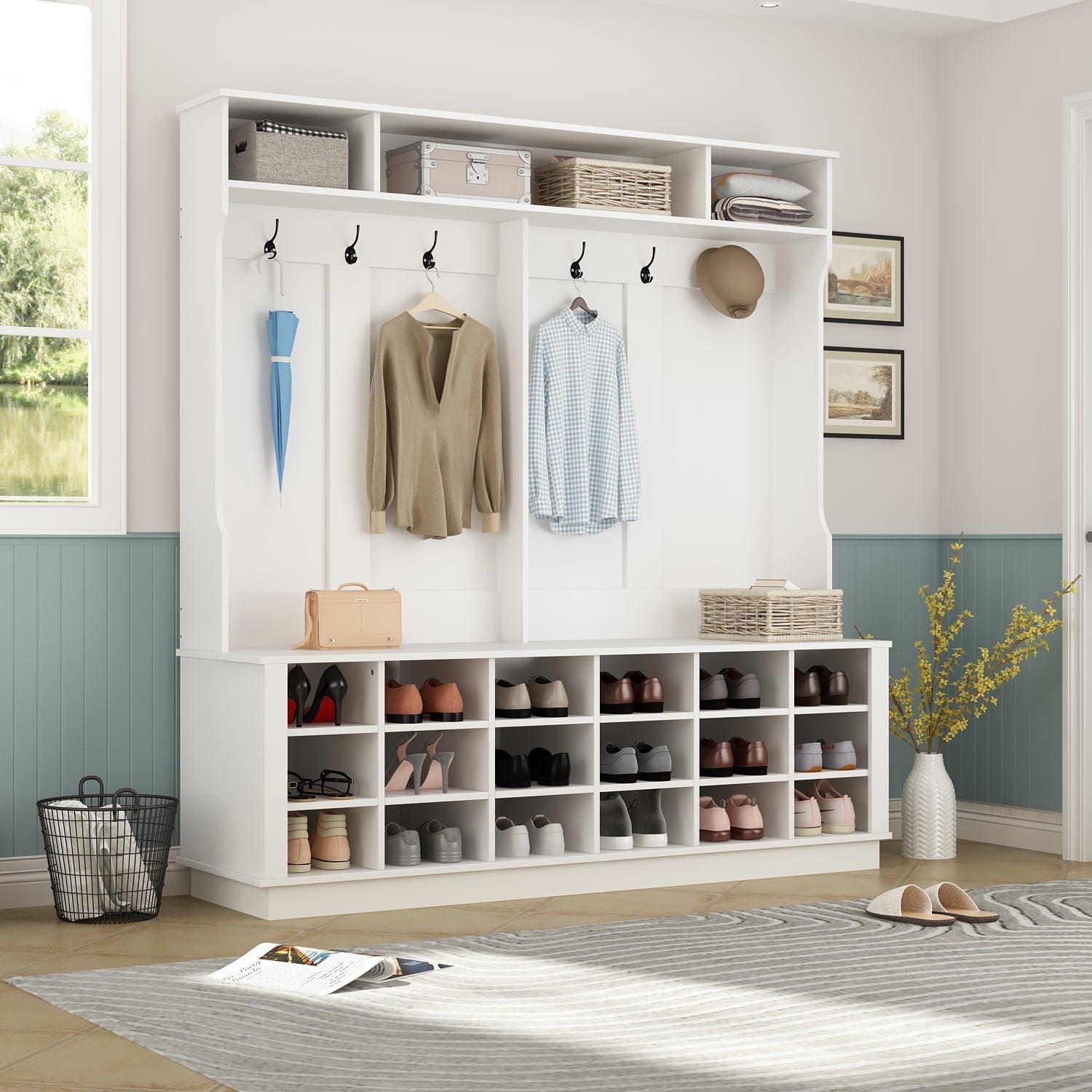 Large Hall Tree with Storage Bench 3-in-1 Entryway Bench with Double Hooks 18 Cubes