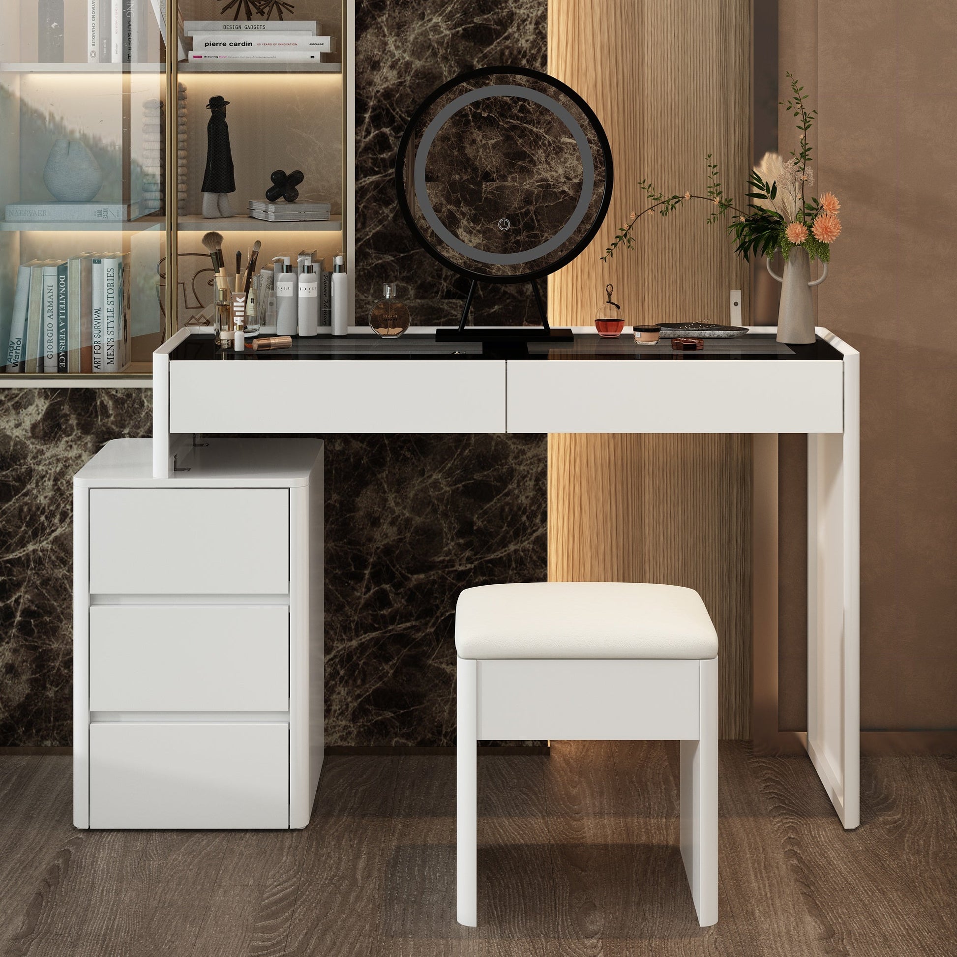 Elegant Makeup Vanity w/See-Through Glass Top and LED Mirror Dressing
