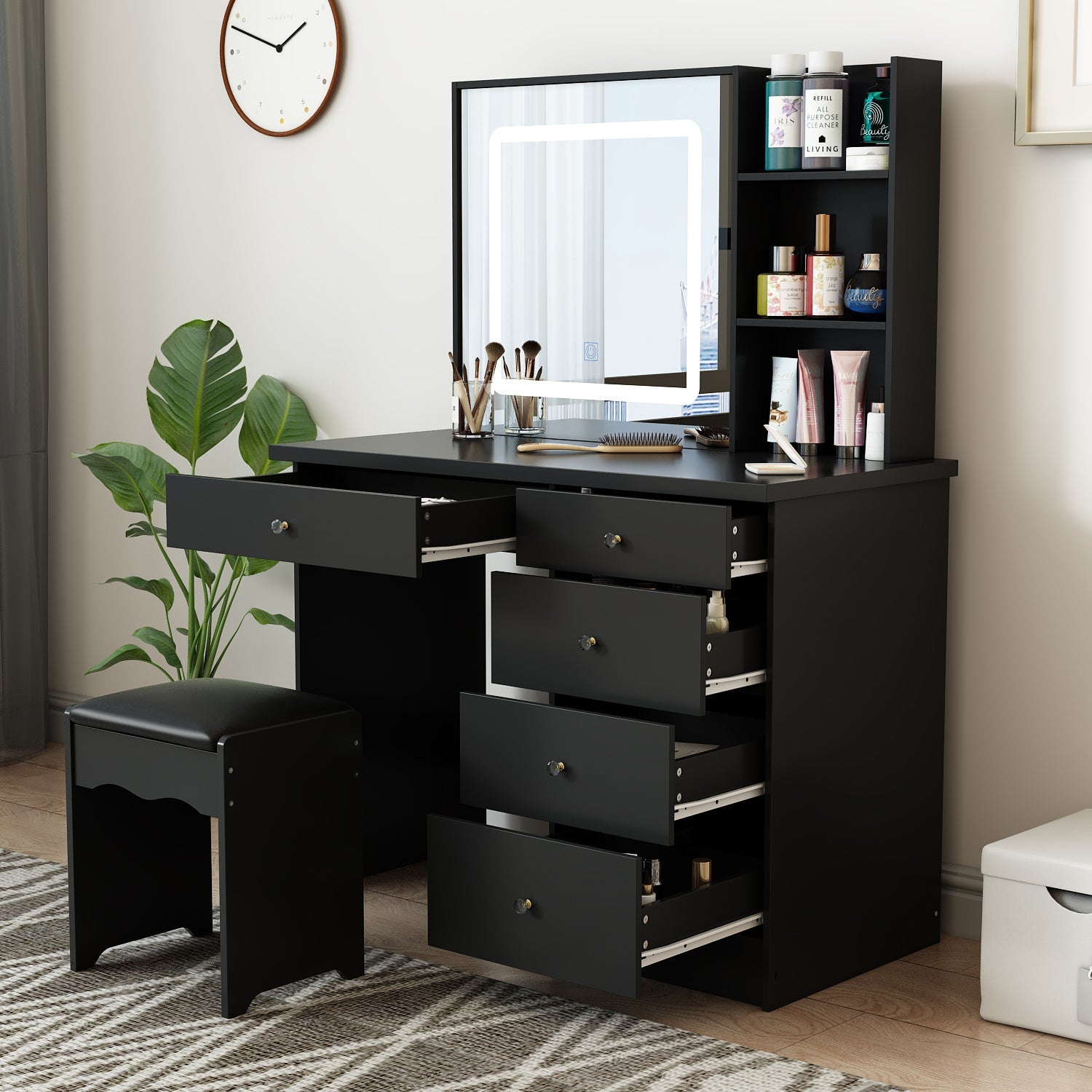Makeup Vanity Set with Sliding Lighted Mirror, Cushioned Stool, 5 Drawers & Shelves