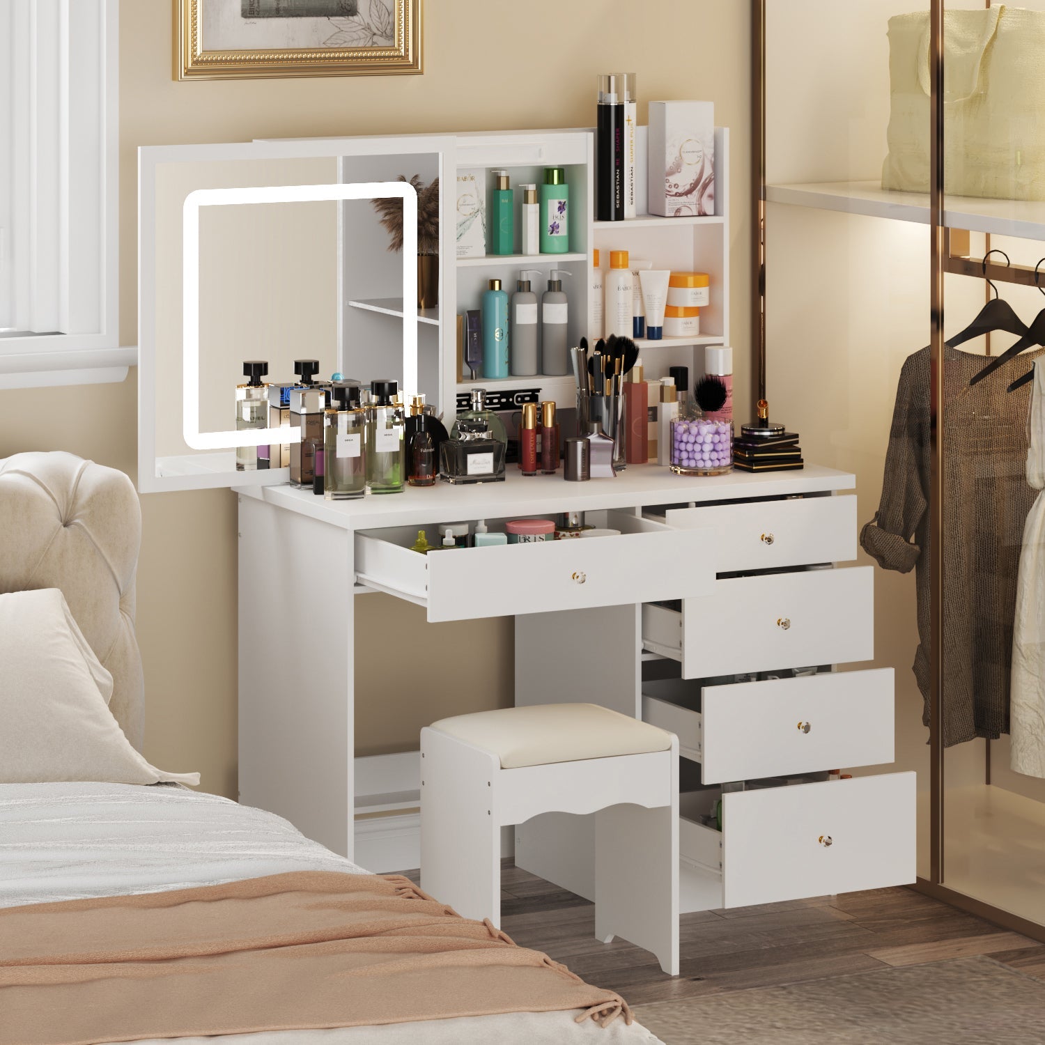 Large Vanity Set Makeup Vanity Dressing Table with Sliding Lighted Mirror 5 Drawers & Shelves