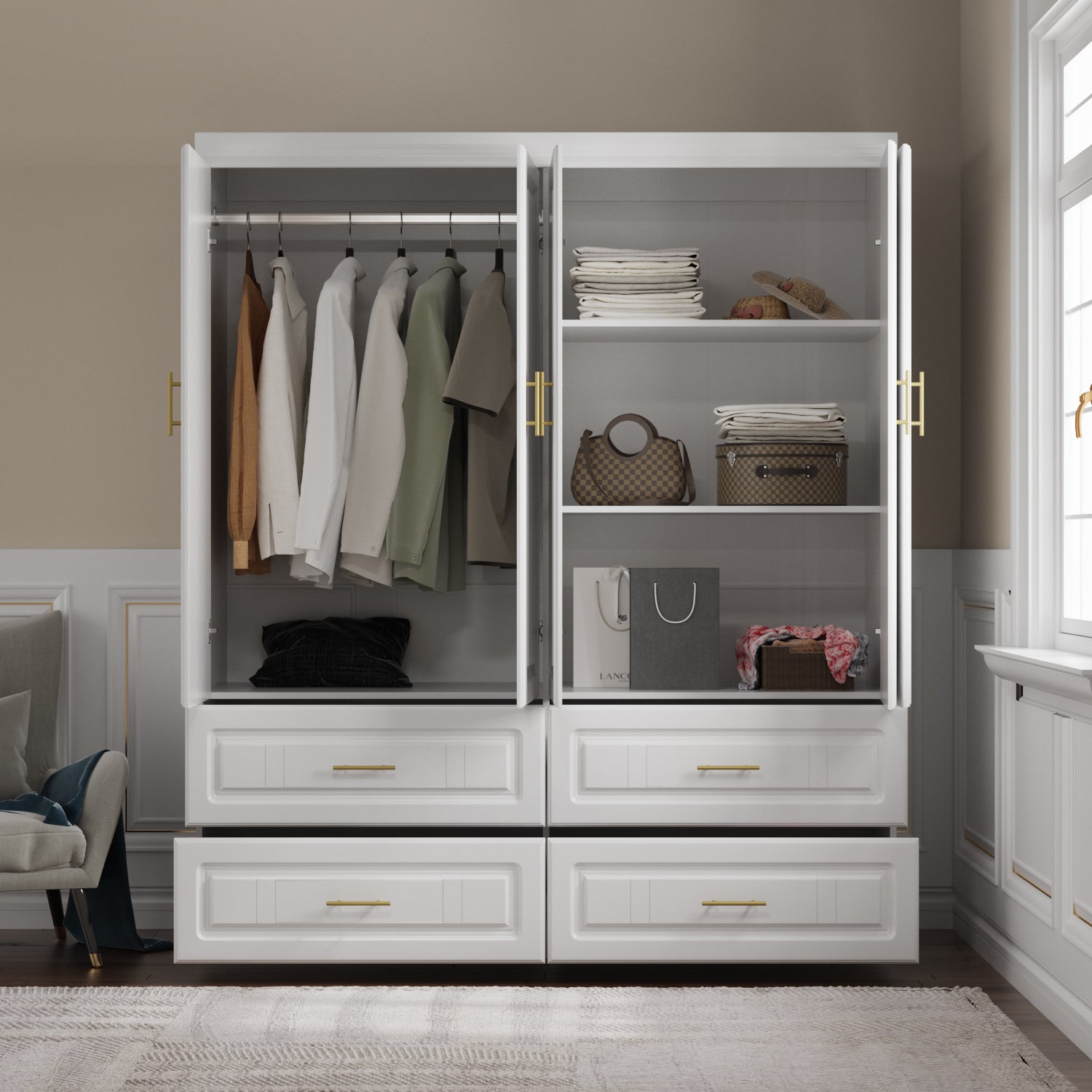 Family Cabinet Wardrobe Bedroom Armoire Home Closet 4 Doors and Drawers