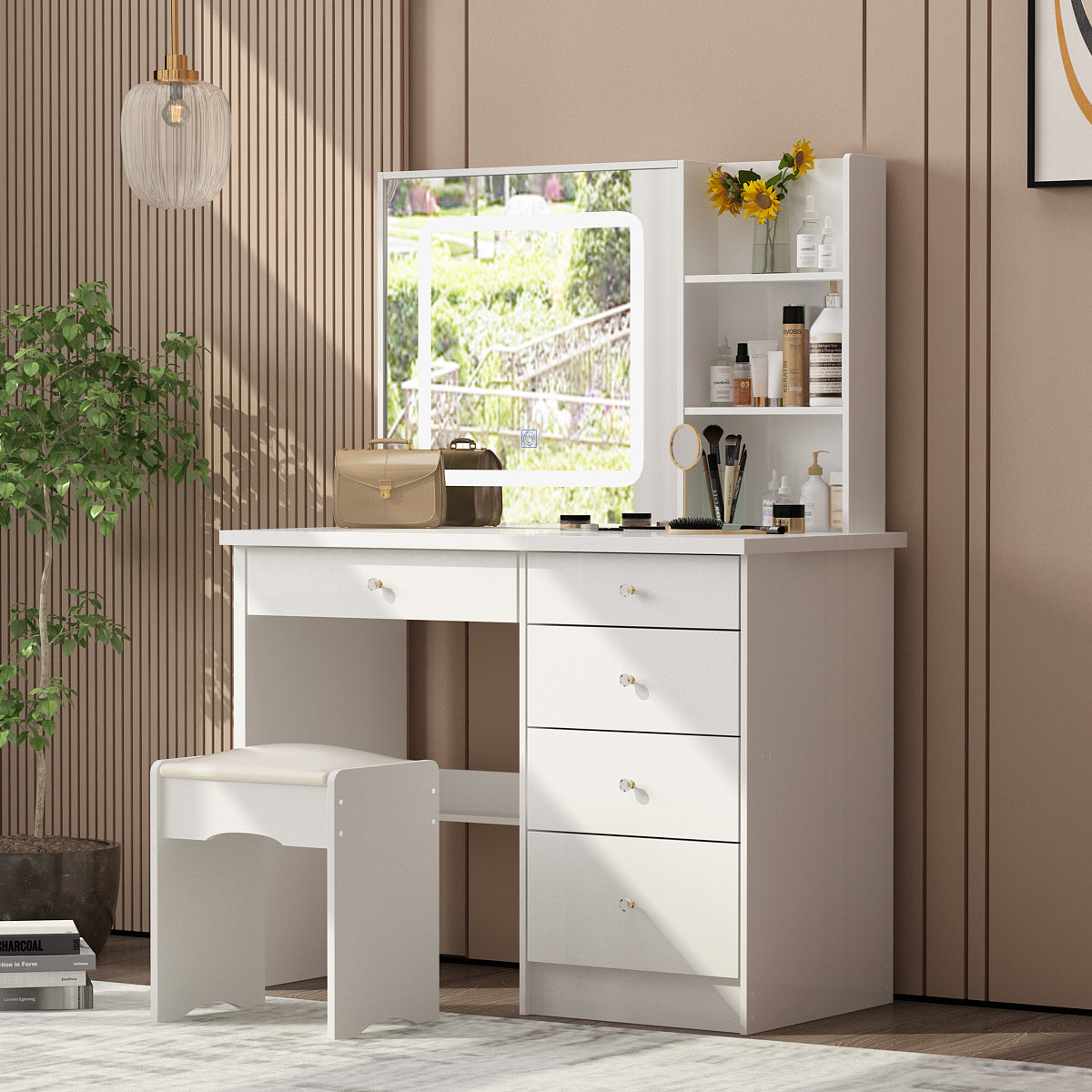Large Vanity Set Makeup Vanity Dressing Table with Sliding Lighted Mirror, 5 Drawers & Shelves, Dresser Desk and Cushioned Stool Set