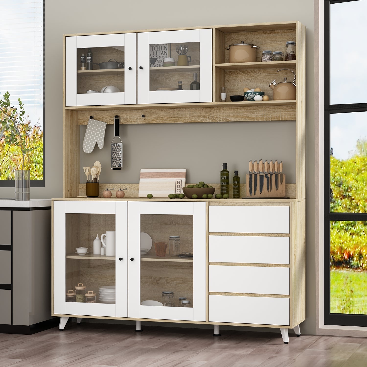 63" W Large Storage Cupboard Pantry Kitchen With Hutch, 4 Doors, 4 Drawers & Microwave Shelf