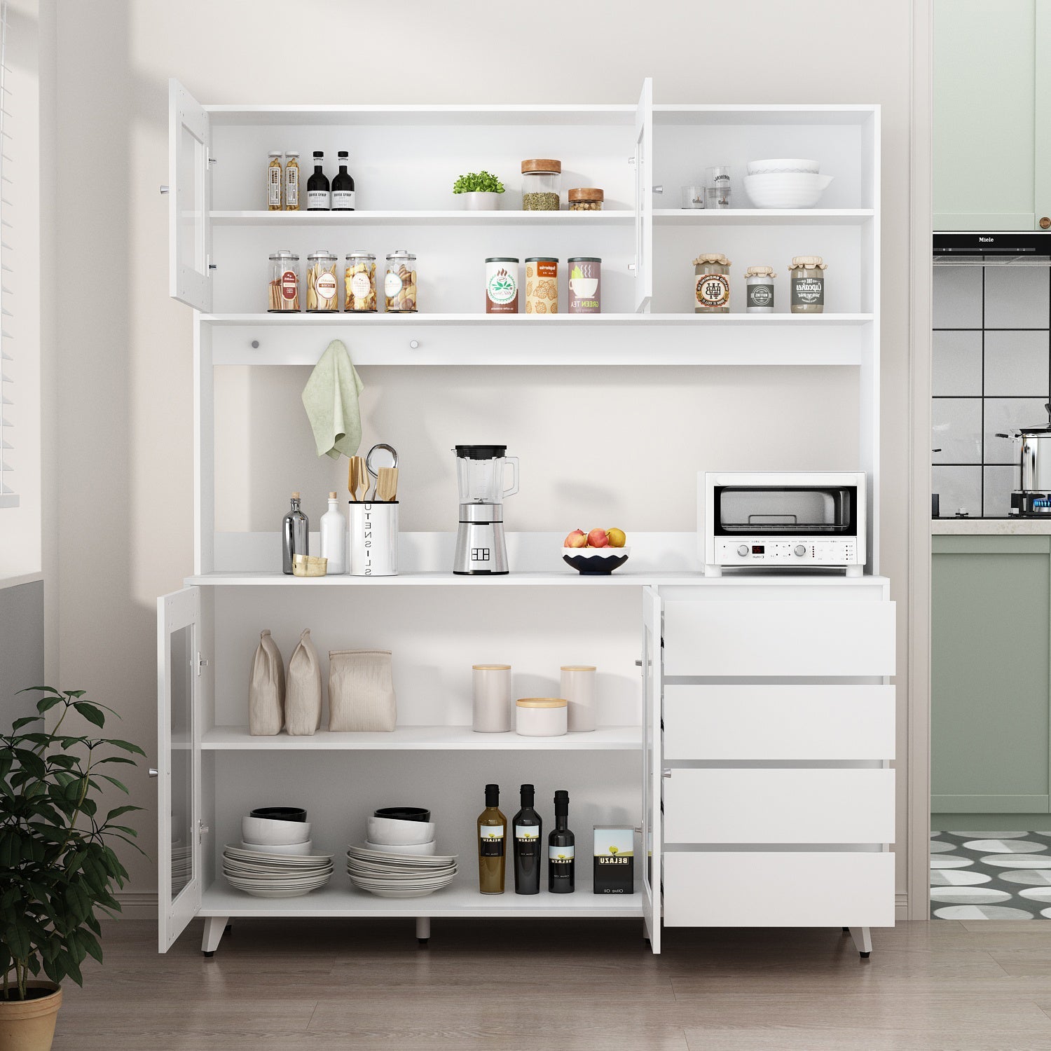 Storage Sideboard Cabinet Cupboard with Drawers and Glass Doors for Kitchen Organization