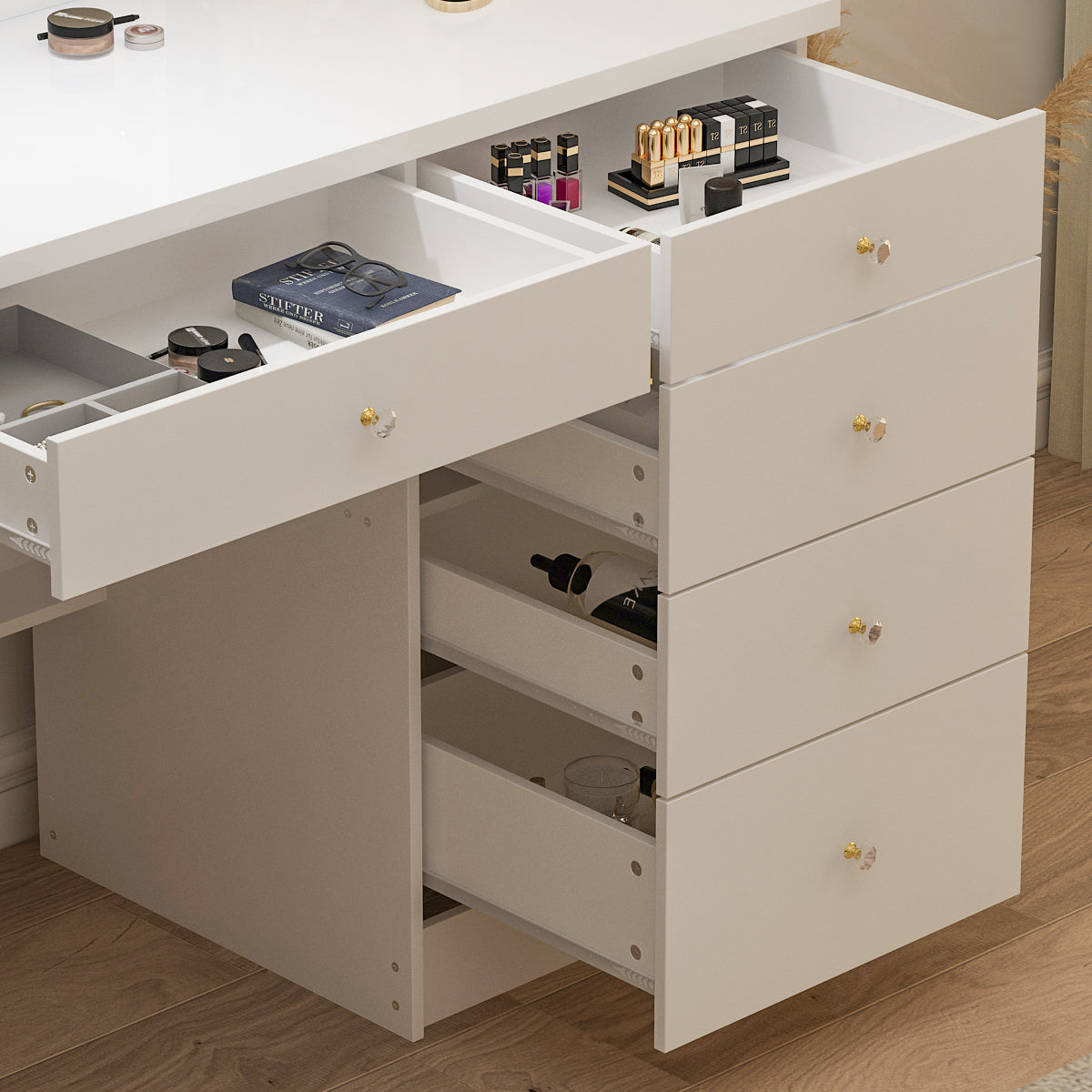 Large Vanity Set Makeup Vanity Dressing Table with Sliding Lighted Mirror, 5 Drawers & Shelves, Dresser Desk and Cushioned Stool Set
