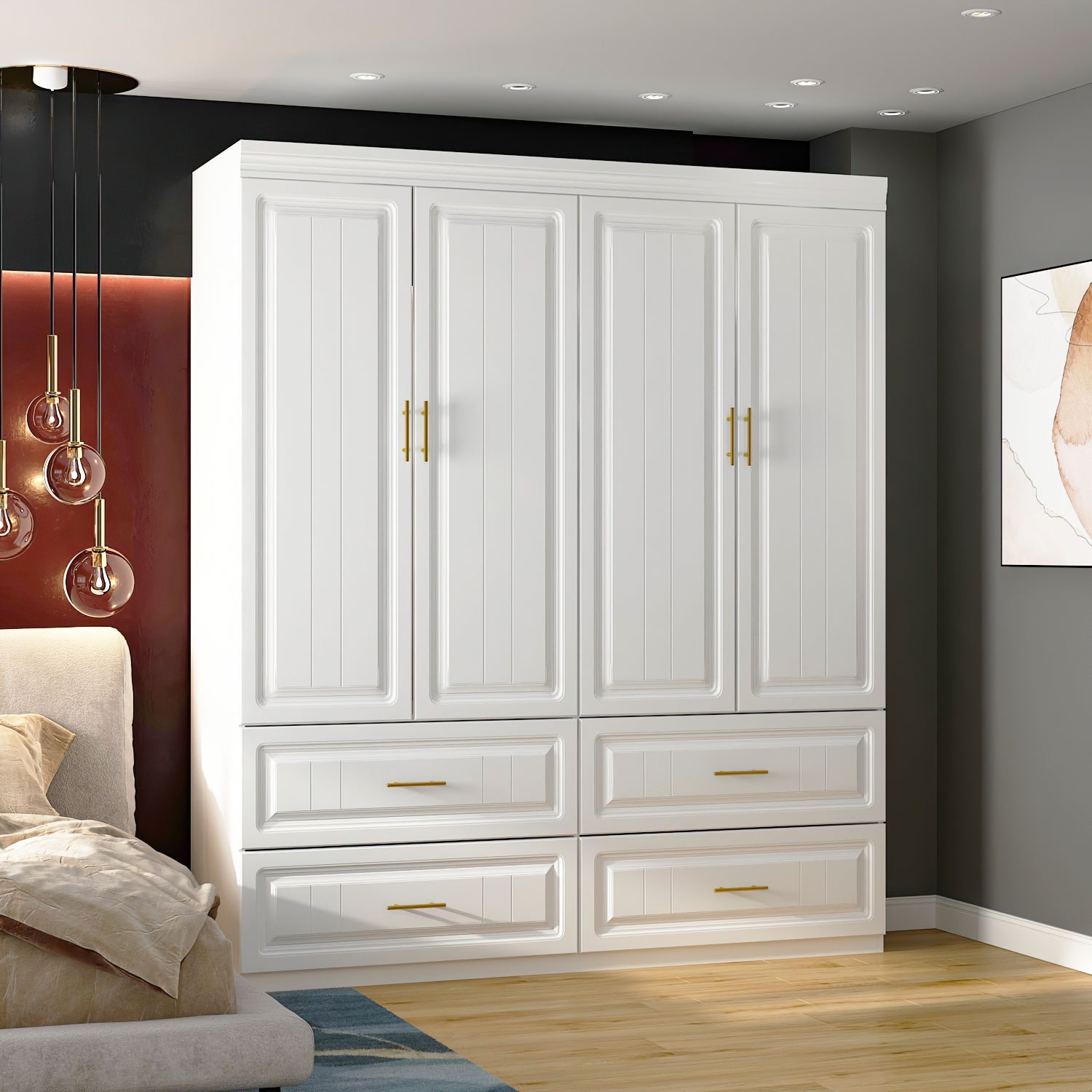 Family Cabinet Wardrobe Bedroom Armoire Home Closet 4 Doors and Drawers