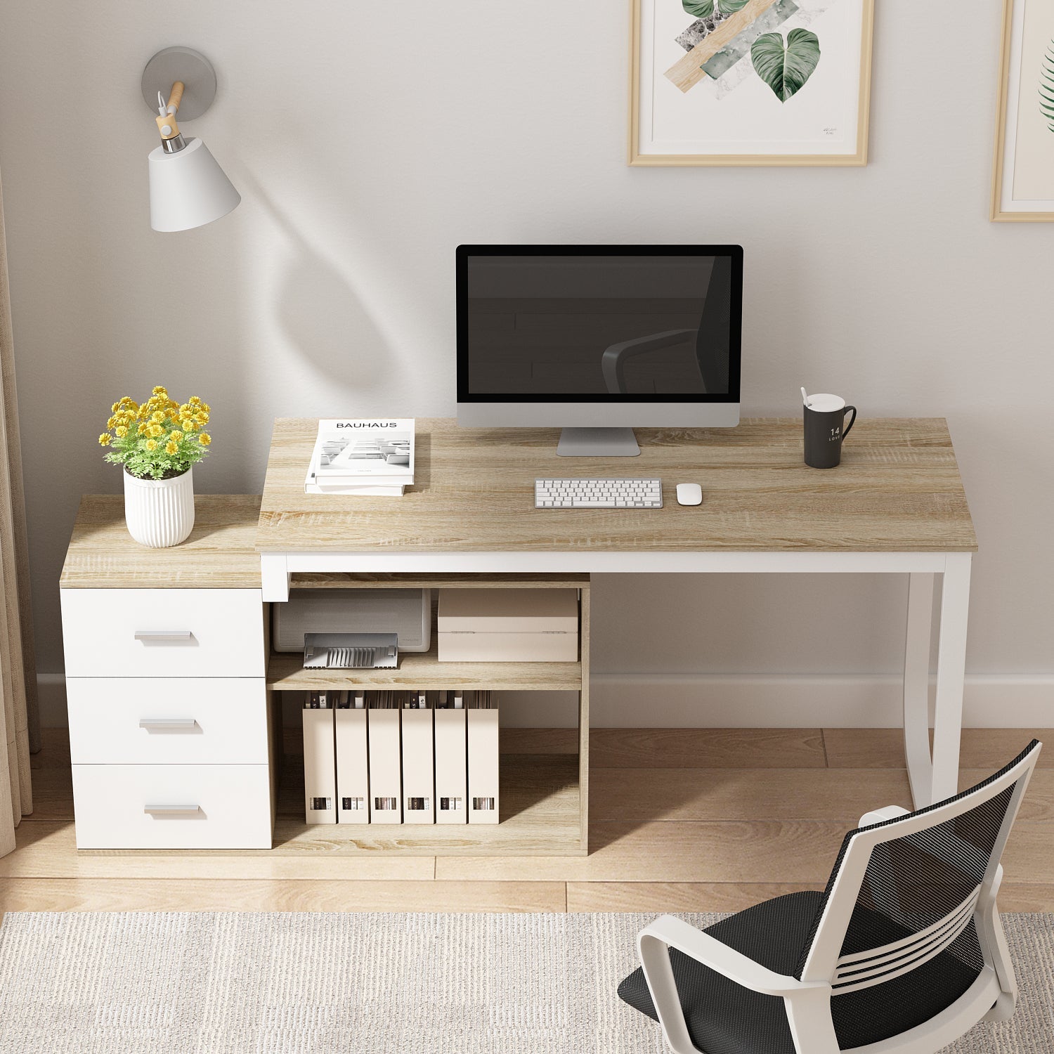 Home Office Computer Desk Corner Desk with 3 Drawers and 2 Shelves, 55 Inch Large L-Shaped Study Writing Table with Storage Cabinet