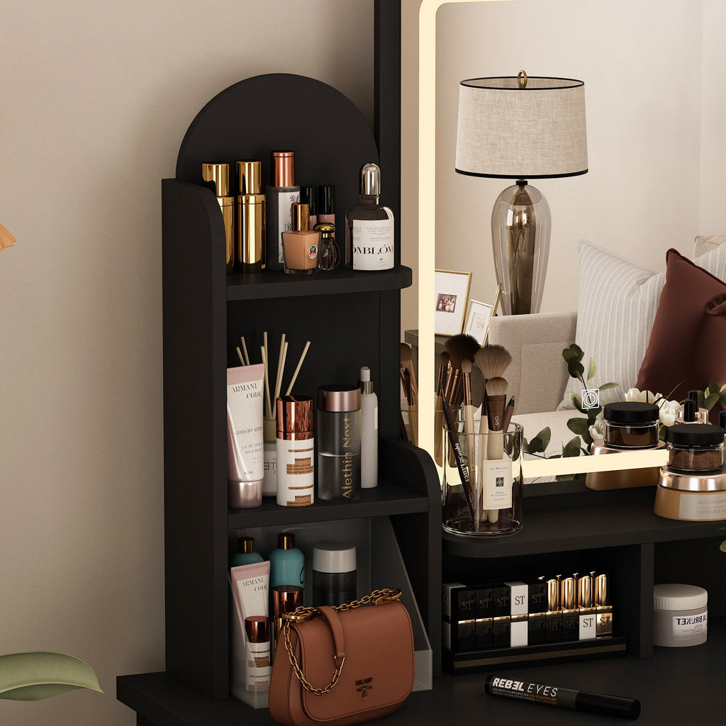 Vanity Set With Stool, Mirror, LED Light and 3-Tier Storage Shelves & 5-Drawer