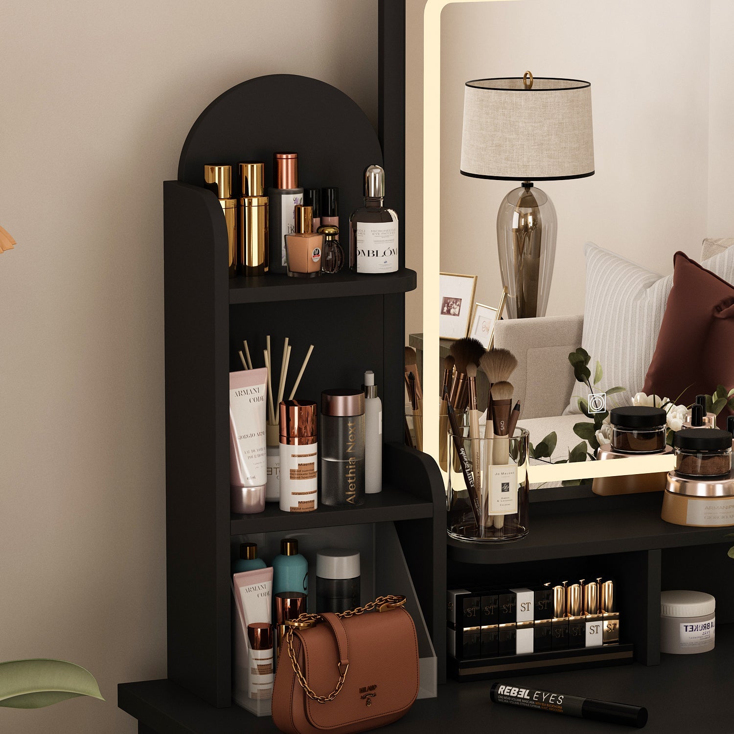 Vanity Set With Stool, Mirror, LED Light and 3-Tier Storage Shelves & 5-Drawer