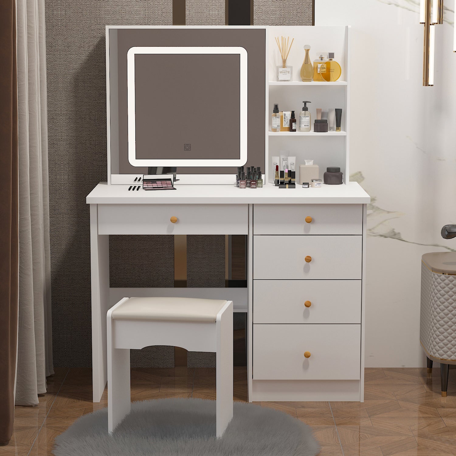 Large Vanity Set Makeup Vanity Dressing Table with Sliding Lighted Mirror 5 Drawers & Shelves