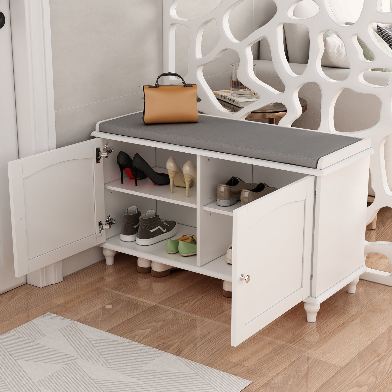 Shoe Bench Entryway Bench Cubby Shoe Rack Organizer with 2 Doors for Living Room Bedroom