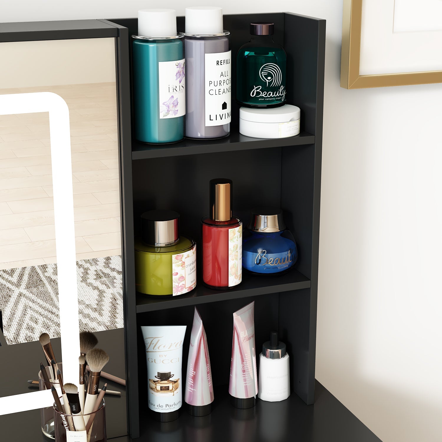 Makeup Vanity Set with Sliding Lighted Mirror, Cushioned Stool, 5 Drawers & Shelves