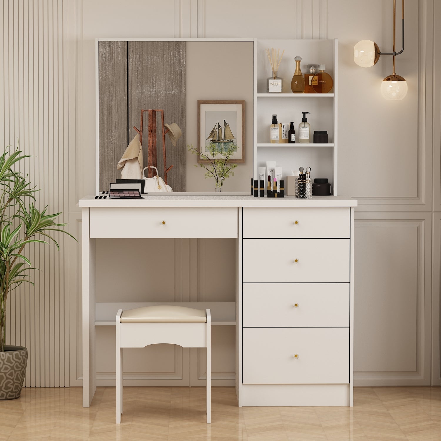 Large Vanity Set Makeup Vanity Dressing Table with Sliding Lighted Mirror 5 Drawers & Shelves