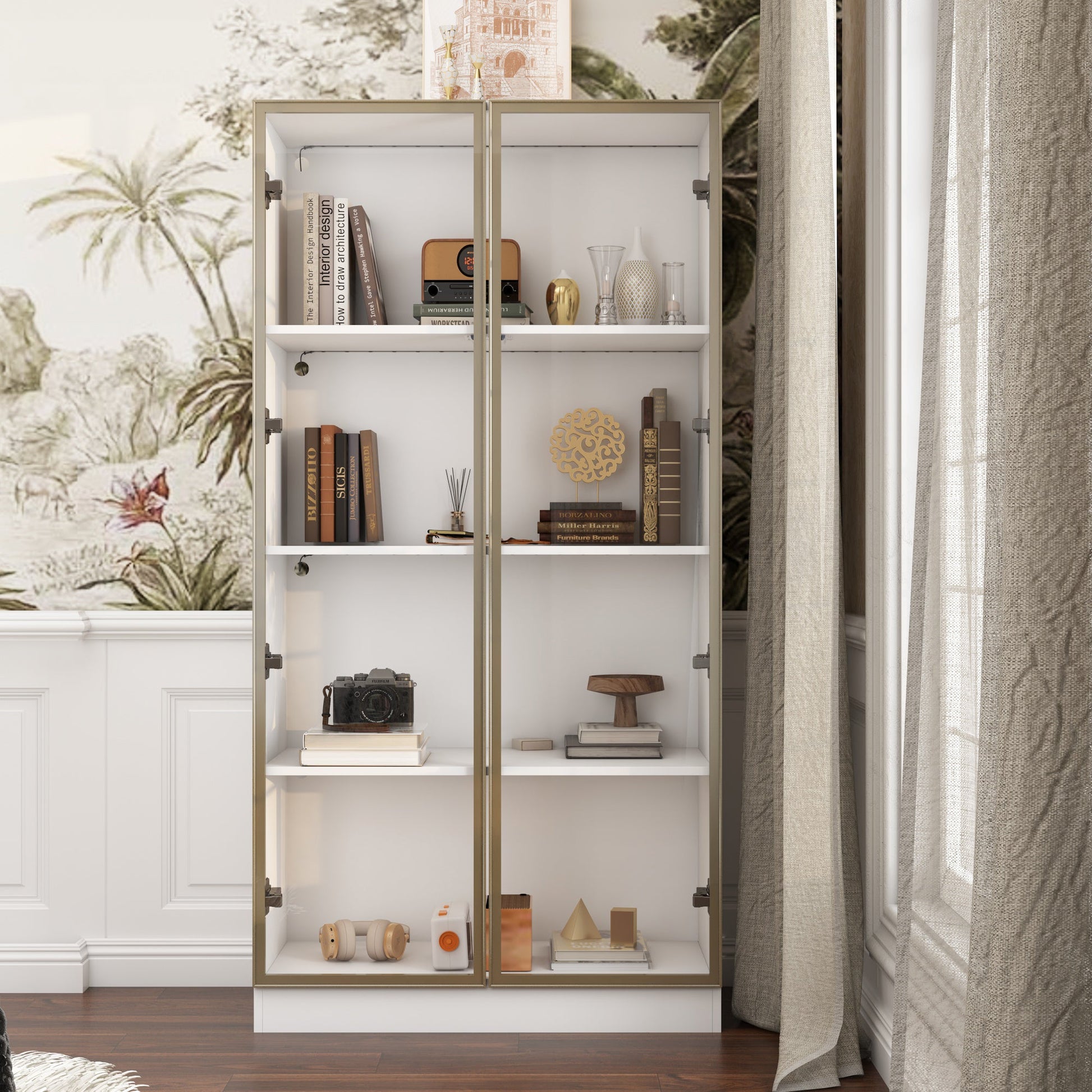 Display Cabinet Bookcase with Lights and Glass Doors