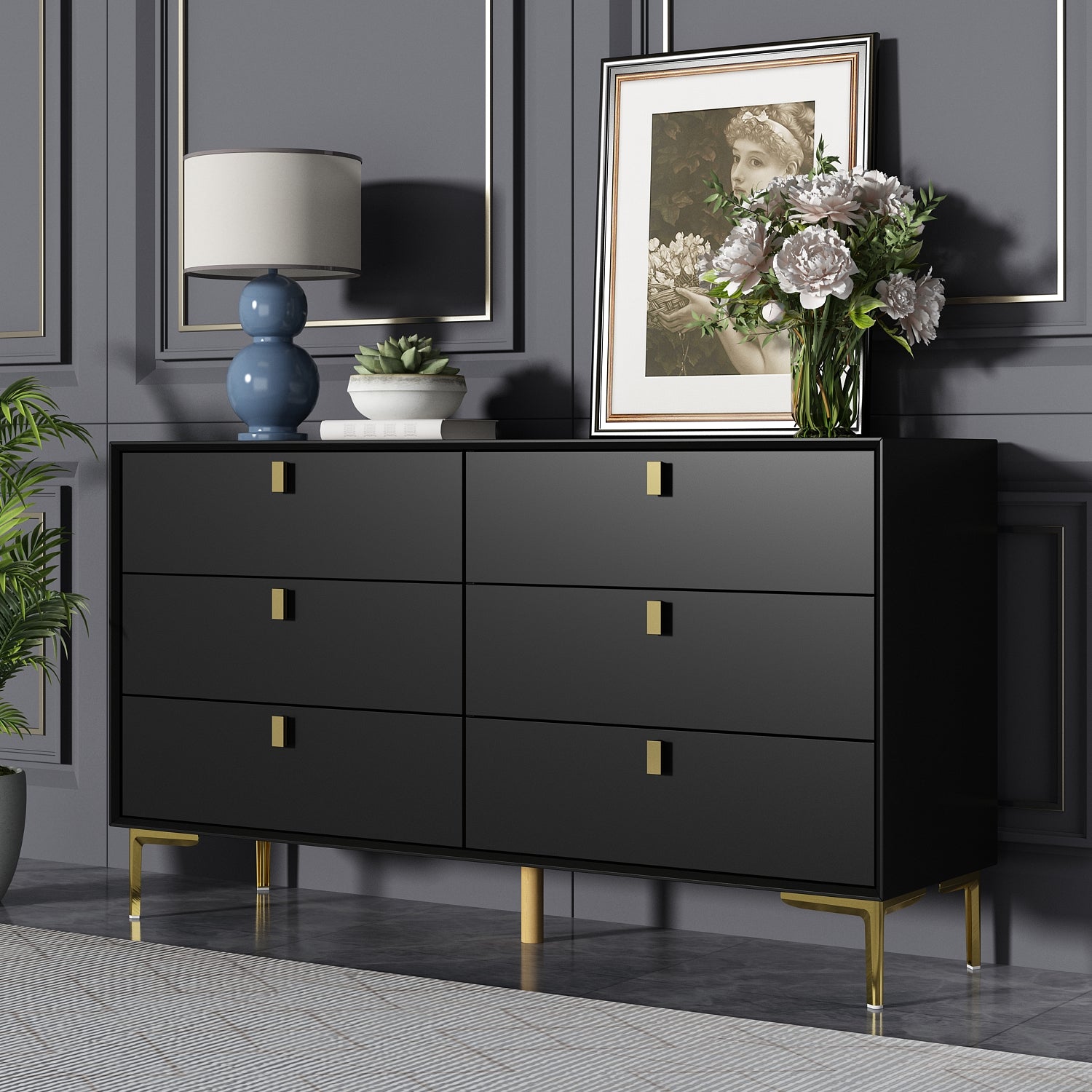 6-Drawer Dresser Buffet Sideboard for Home Storage with Metal Legs - Black 6-Drawer Dresser Buffet Sideboard for Home Storage with Metal Legs - Black