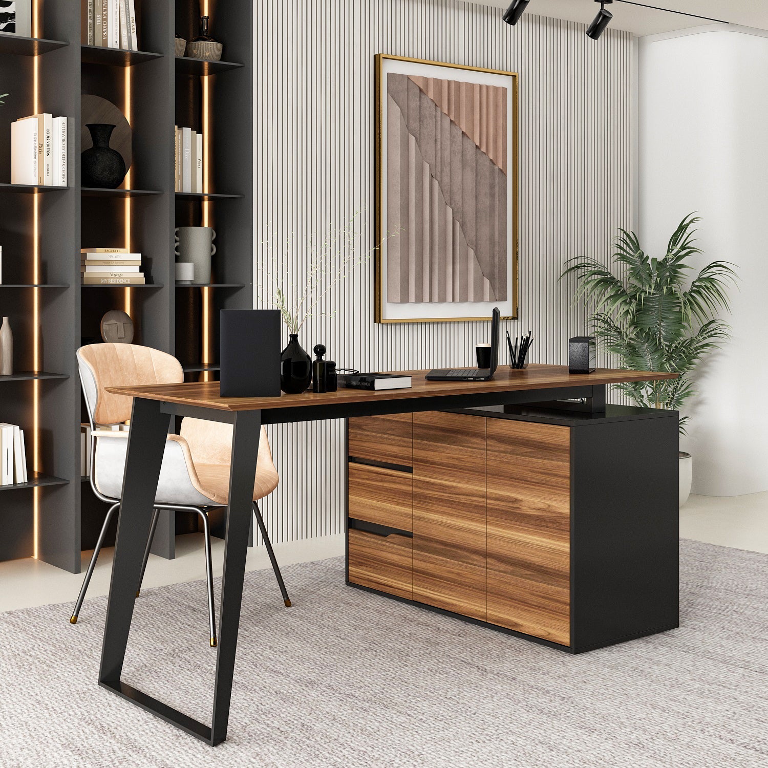 L-Shaped Corner Computer Desk with Drawers Brown Wood Grain