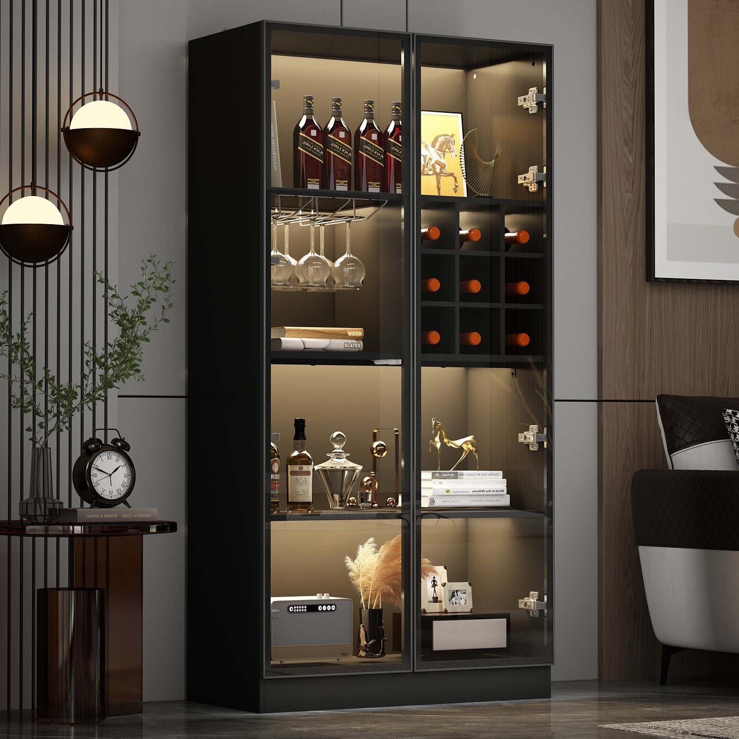 Display Cabinet Bookcase with Lights and Glass Doors