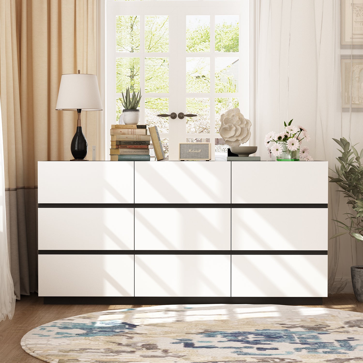 Modern 9-Drawer Double Dresser with Wide Drawers and Metal Handles for Bedroom or Living Room