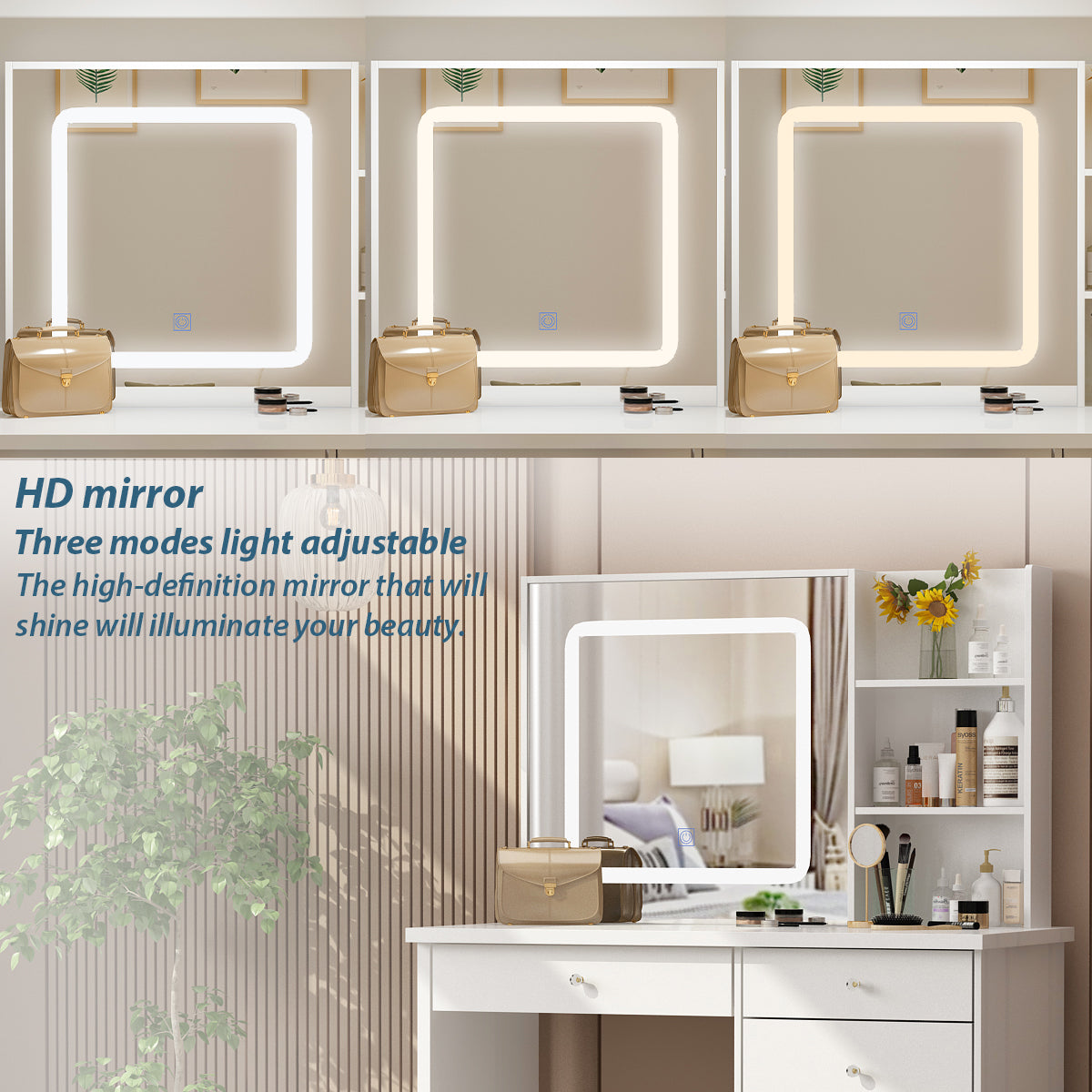 Large Vanity Set Makeup Vanity Dressing Table with Sliding Lighted Mirror, 5 Drawers & Shelves, Dresser Desk and Cushioned Stool Set