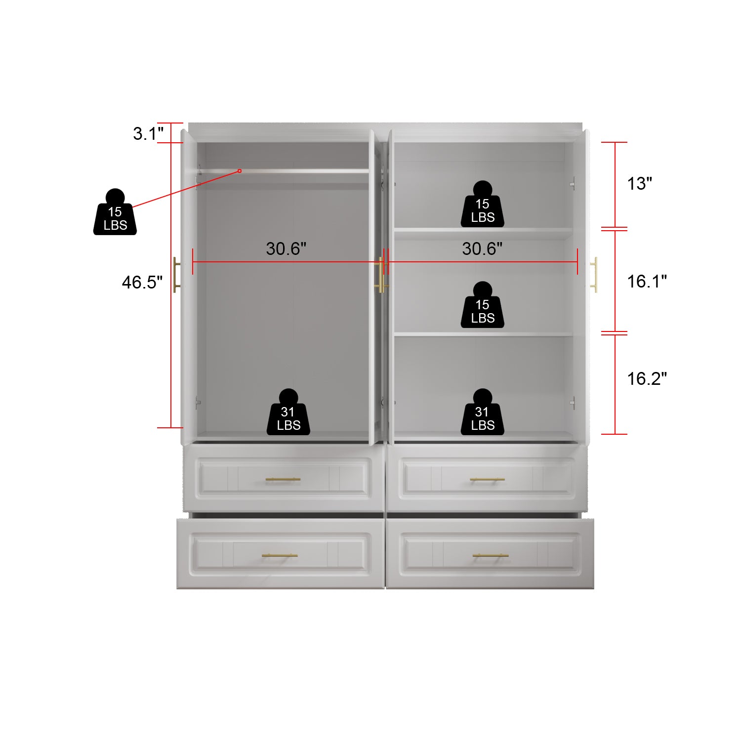 Family Cabinet Wardrobe Bedroom Armoire Home Closet 4 Doors and Drawers