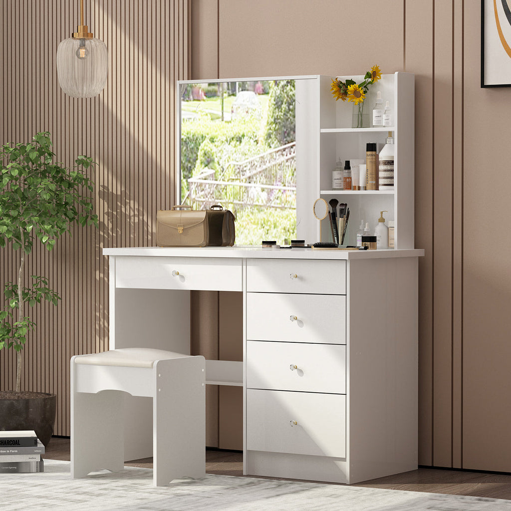 Large Vanity Set Makeup Vanity Dressing Table with Sliding Lighted Mirror, 5 Drawers & Shelves, Dresser Desk and Cushioned Stool Set
