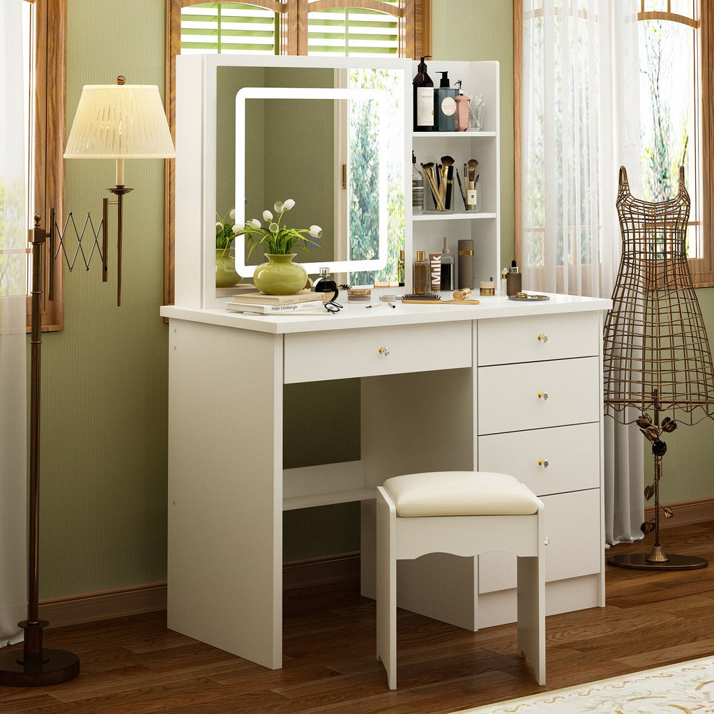 Large Vanity Set Makeup Vanity Dressing Table with Sliding Lighted Mirror 5 Drawers & Shelves