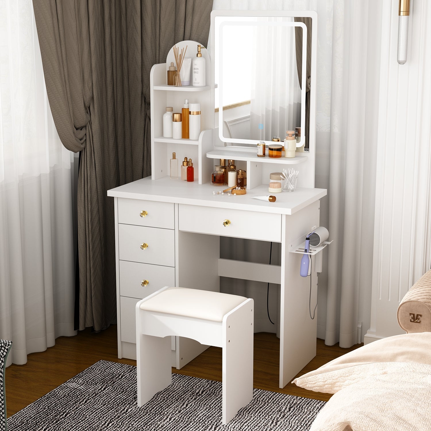 Vanity Set With Stool, Mirror, LED Light and 3-Tier Storage Shelves & 5-Drawer