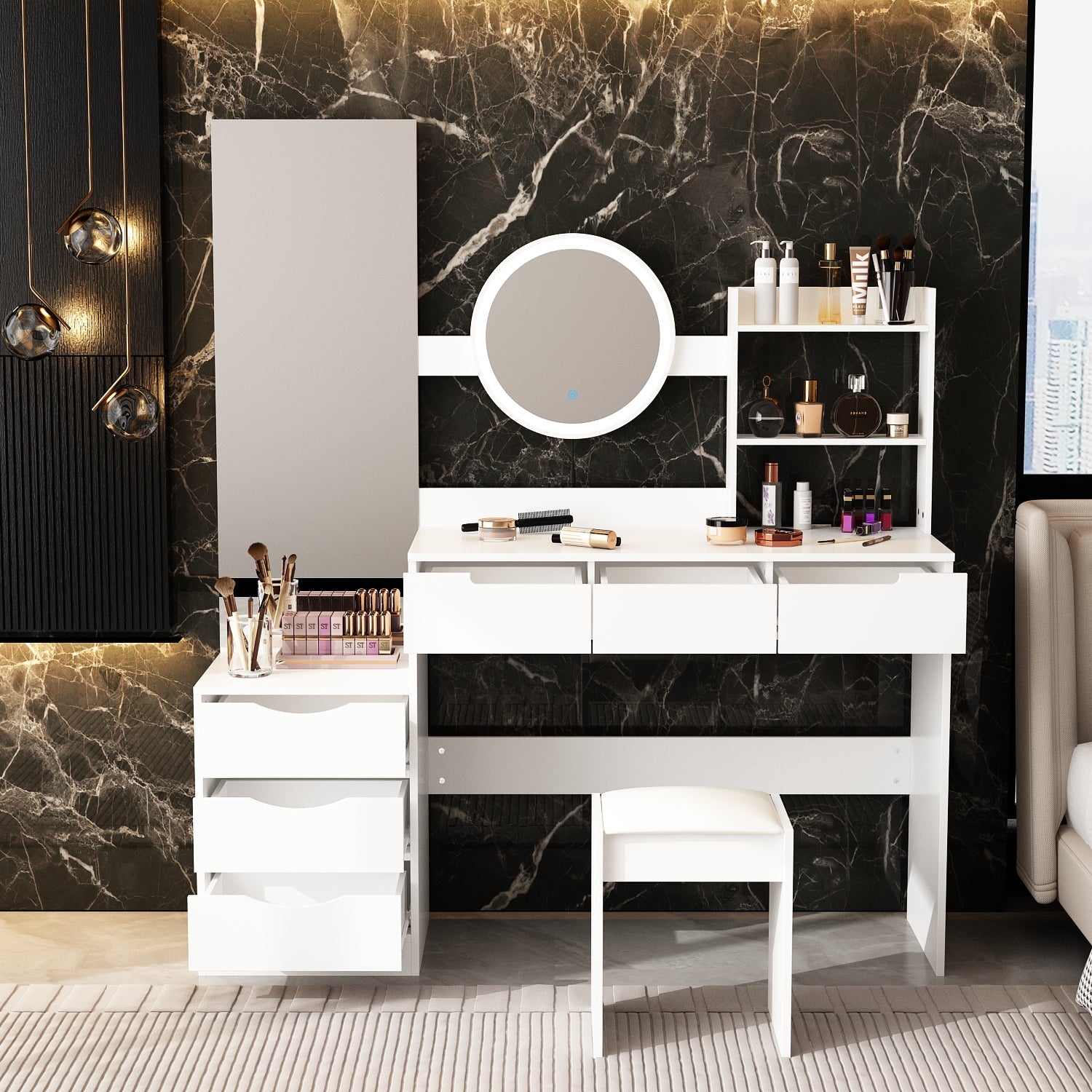 Large Vanity Set Dressing Table Makeup Vanity with Round LED Mirror, Square Mirror, 6 Drawers & Shelves, Dresser Desk, Padded Stool Set