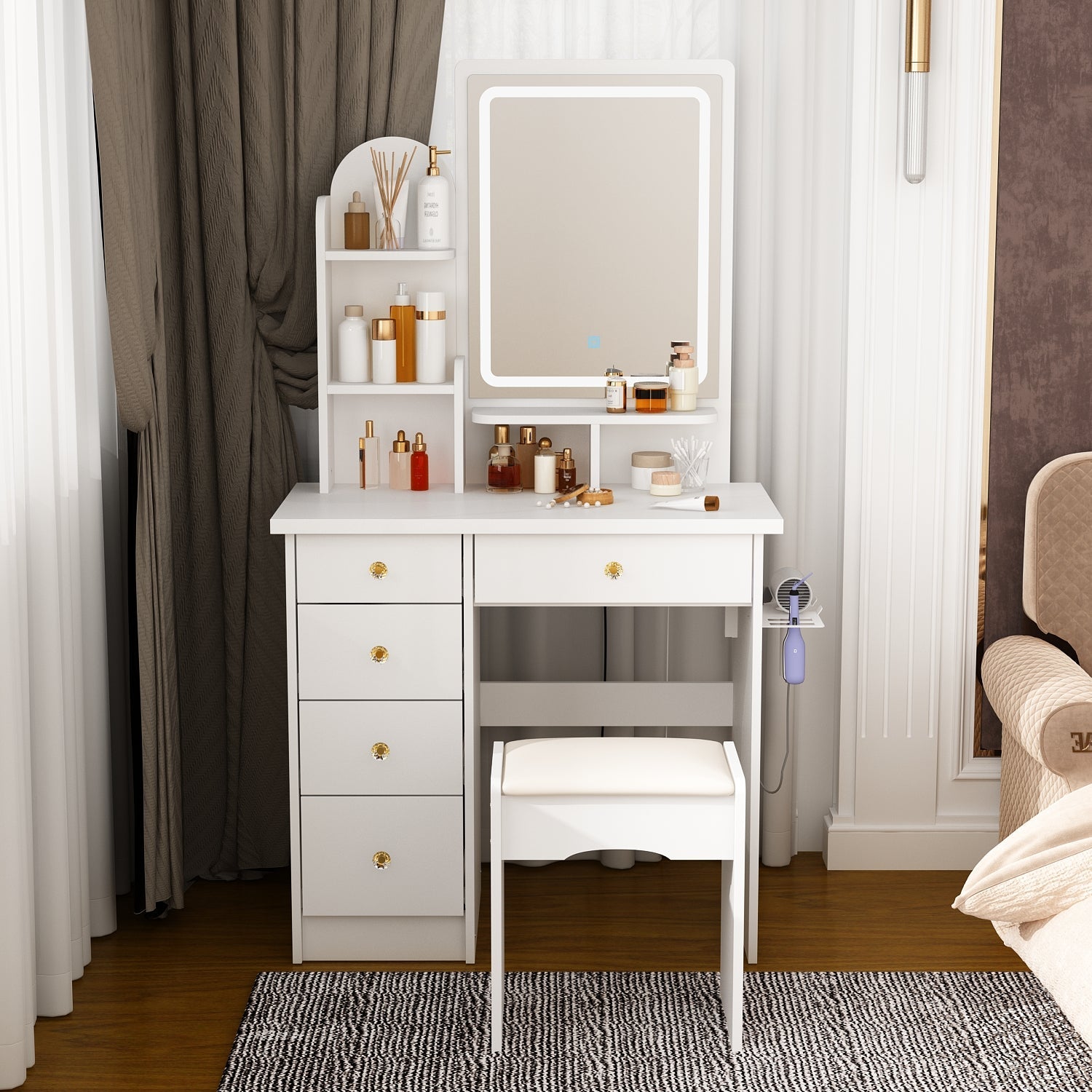 Vanity Set With Stool, Mirror, LED Light and 3-Tier Storage Shelves & 5-Drawer