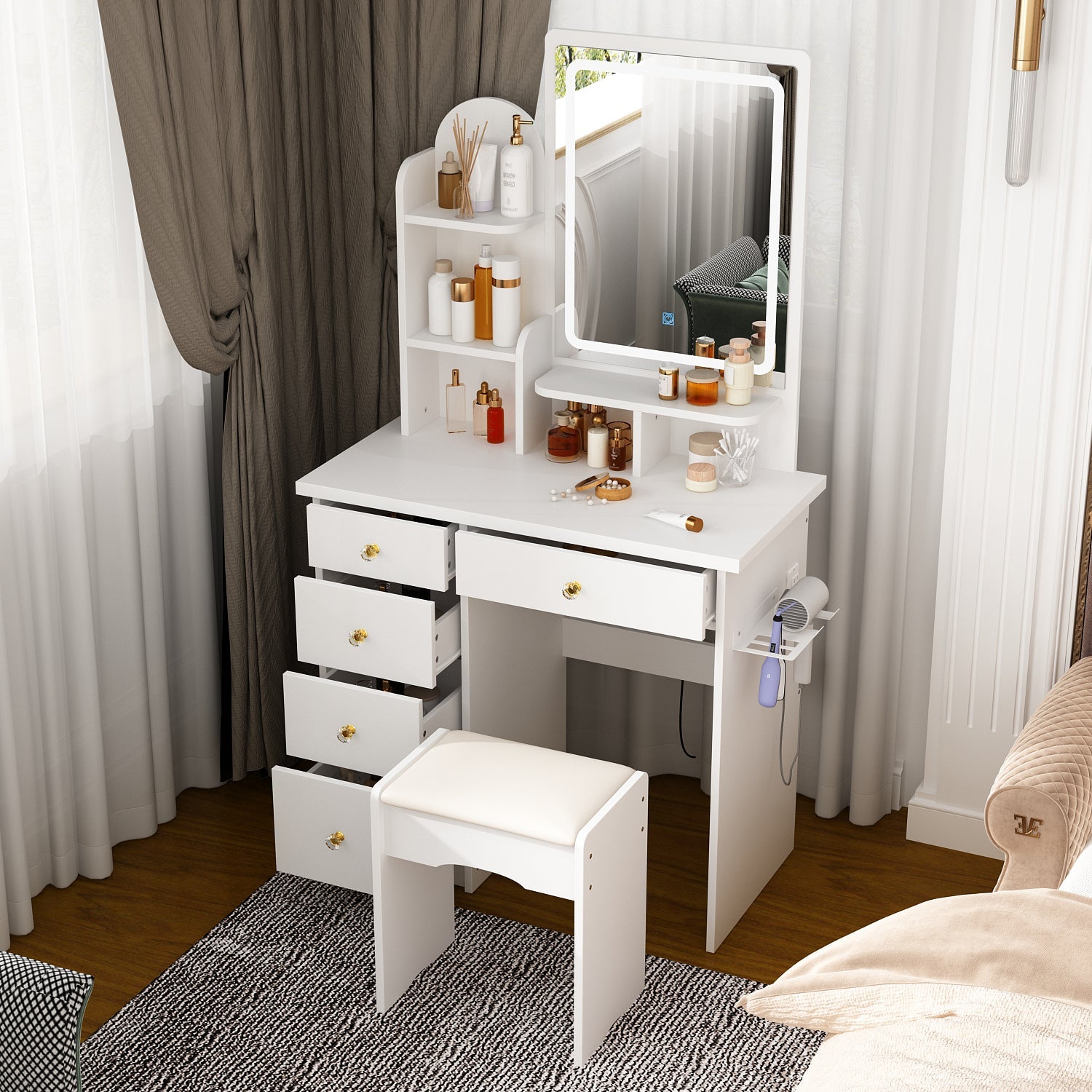 Vanity Set With Stool, Mirror, LED Light and 3-Tier Storage Shelves & 5-Drawer