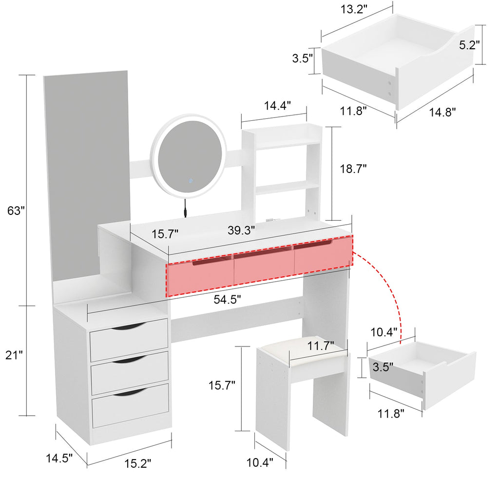 Large Vanity Set Dressing Table Makeup Vanity with Round LED Mirror, Square Mirror, 6 Drawers & Shelves, Dresser Desk, Padded Stool Set