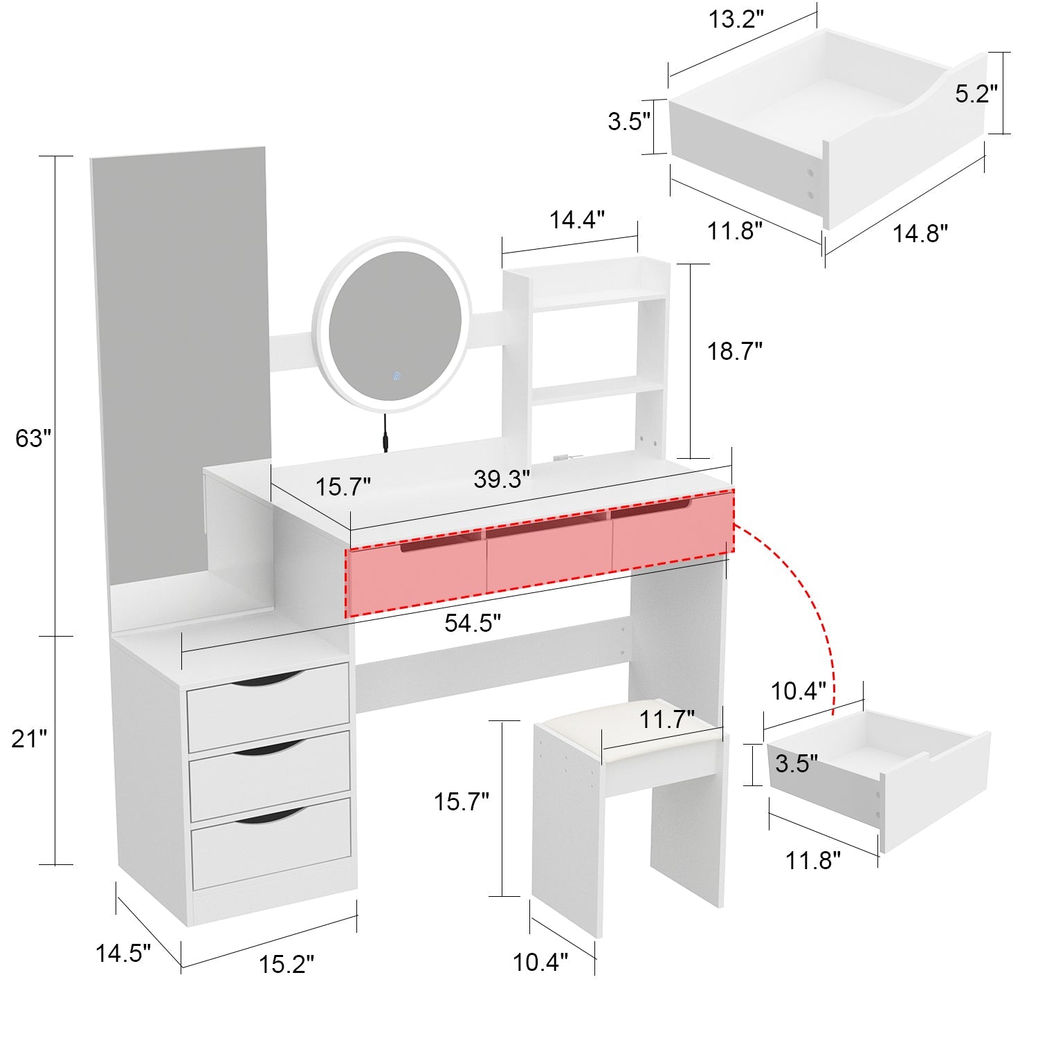 Large Vanity Set Dressing Table Makeup Vanity with Round LED Mirror, Square Mirror, 6 Drawers & Shelves, Dresser Desk, Padded Stool Set