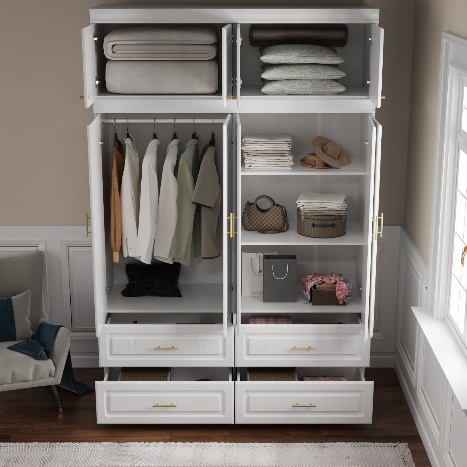Family Cabinet Wardrobe Bedroom Armoire Home Closet 4 Doors and Drawers