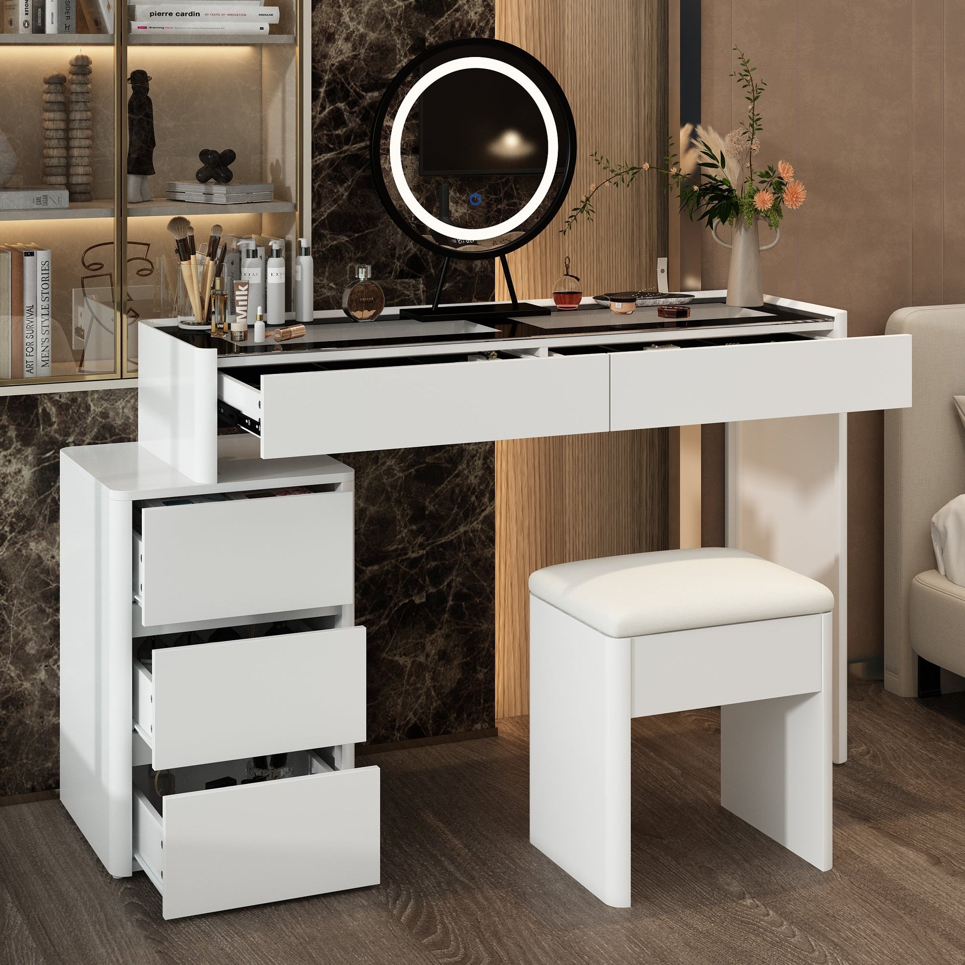 Elegant Makeup Vanity w/See-Through Glass Top and LED Mirror Dressing