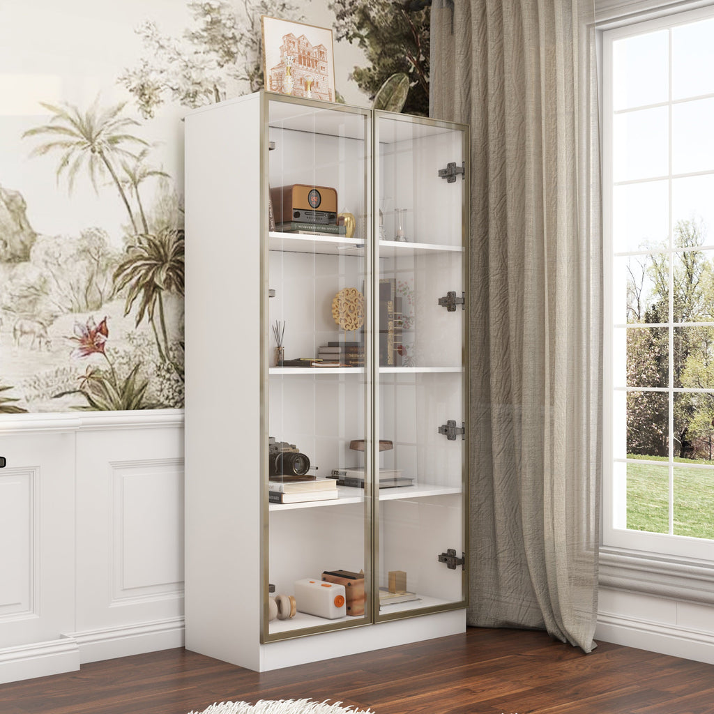 Display Cabinet Bookcase with Lights and Glass Doors