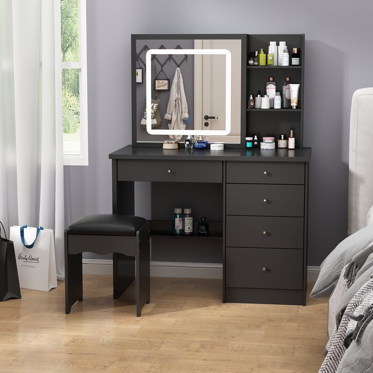 Large Vanity Set Makeup Vanity Dressing Table with Sliding Lighted Mirror 5 Drawers & Shelves