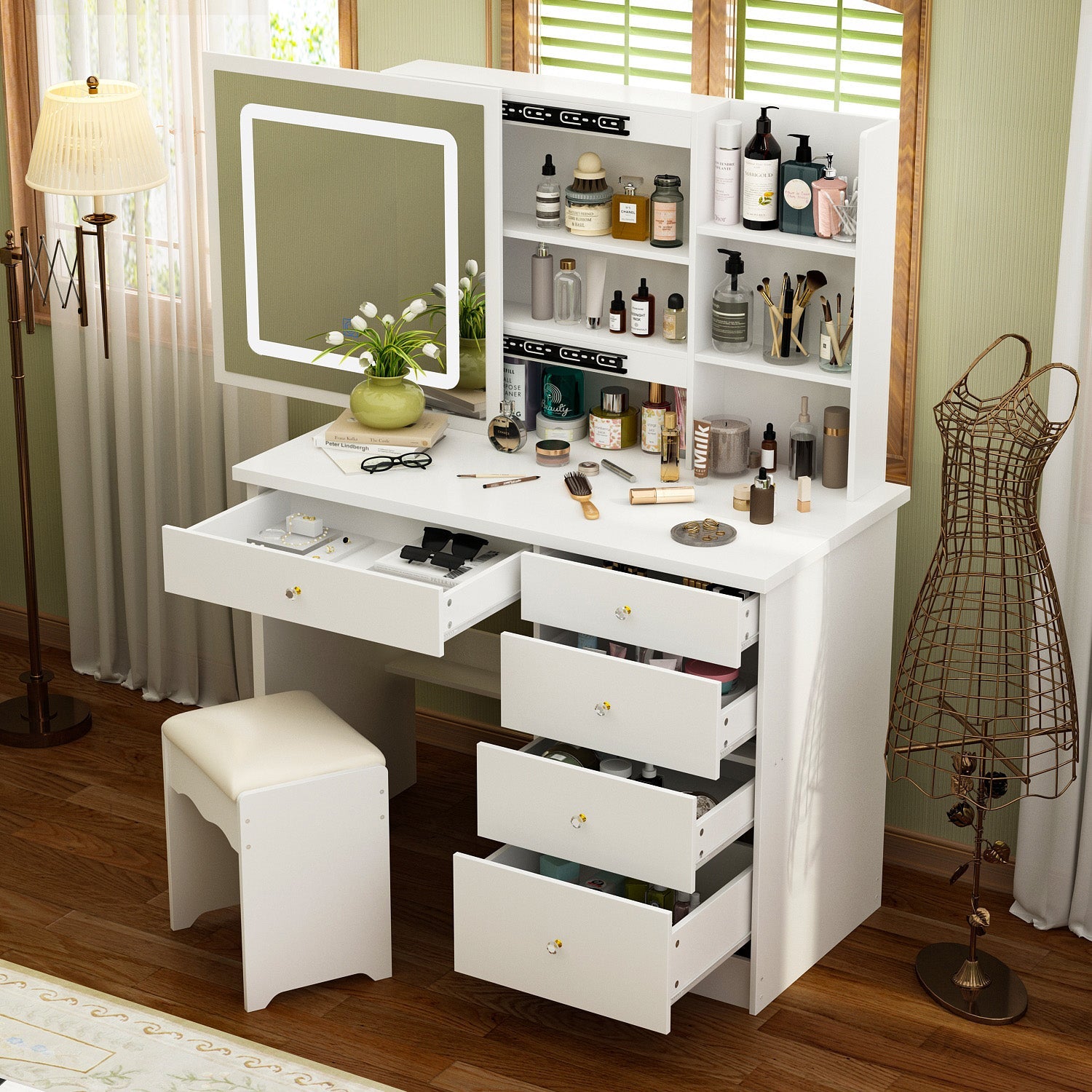 Large Vanity Set Makeup Vanity Dressing Table with Sliding Lighted Mirror 5 Drawers & Shelves