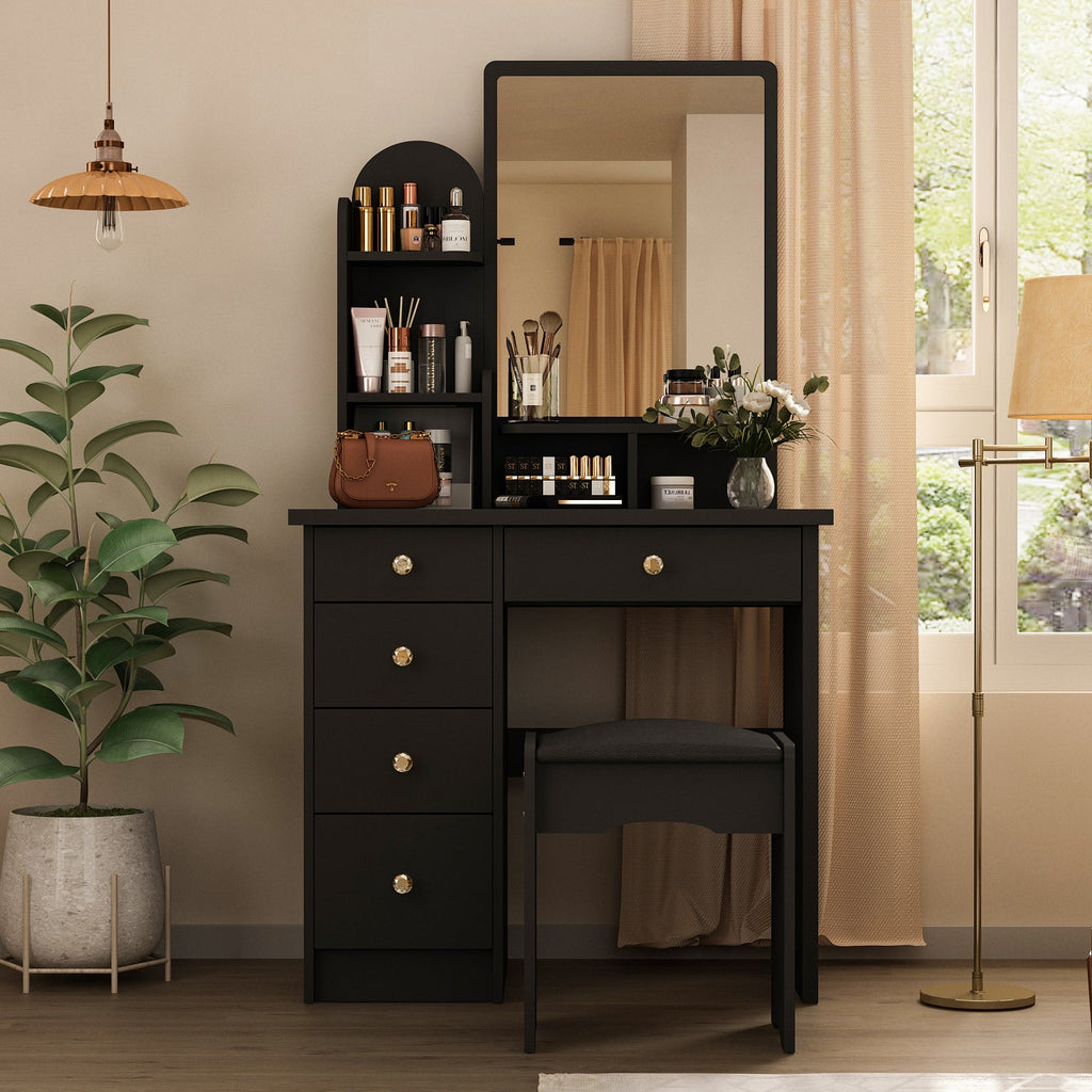 Vanity Set With Stool, Mirror, LED Light and 3-Tier Storage Shelves & 5-Drawer
