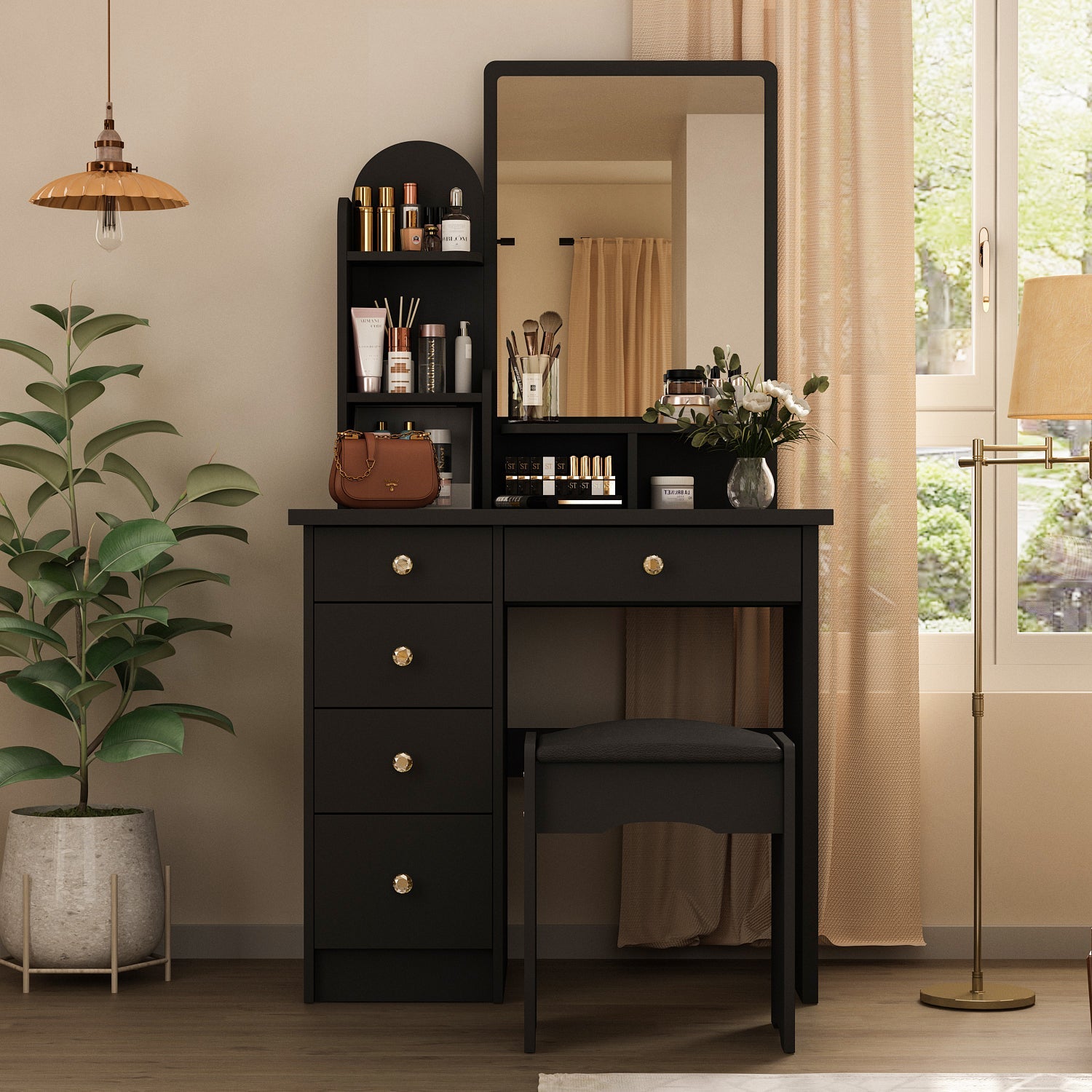 Vanity Set With Stool, Mirror, LED Light and 3-Tier Storage Shelves & 5-Drawer