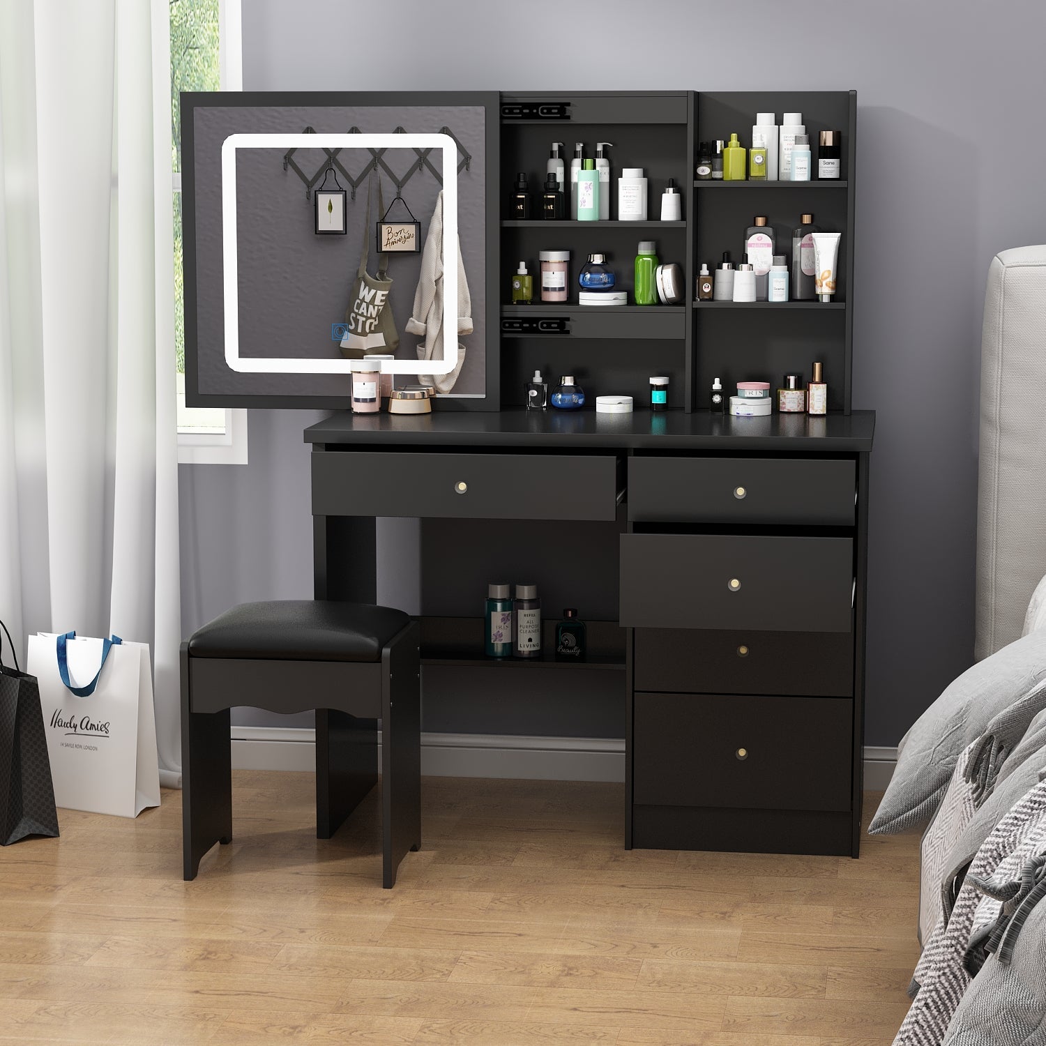 Large Vanity Set Makeup Vanity Dressing Table with Sliding Lighted Mirror 5 Drawers & Shelves