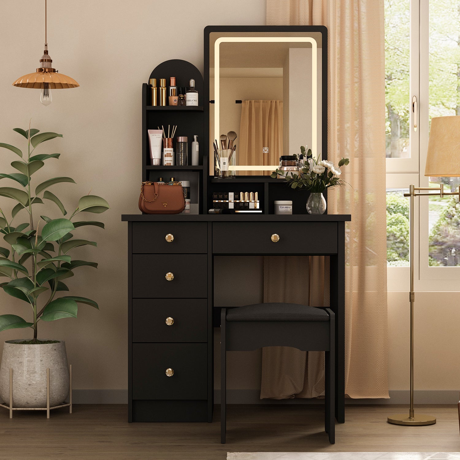 Vanity Set With Stool, Mirror, LED Light and 3-Tier Storage Shelves & 5-Drawer