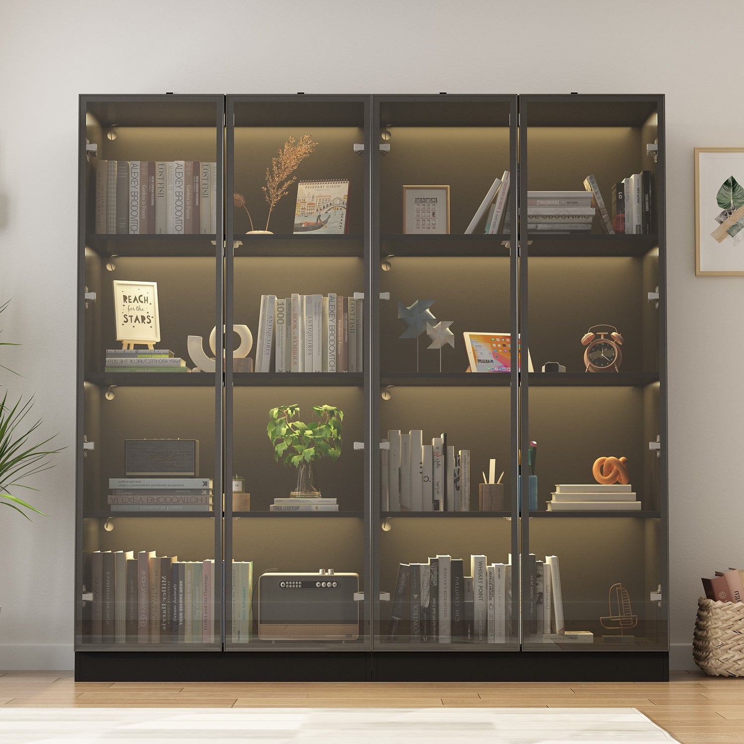 Display Cabinet Bookcase Stand Trophy Showcase with Lights and Glass Doors