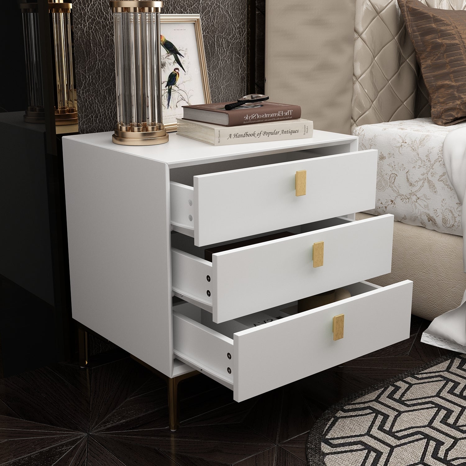 Nightstand Dresser Black End Table in Gold Metal Legs with 3 Drawers